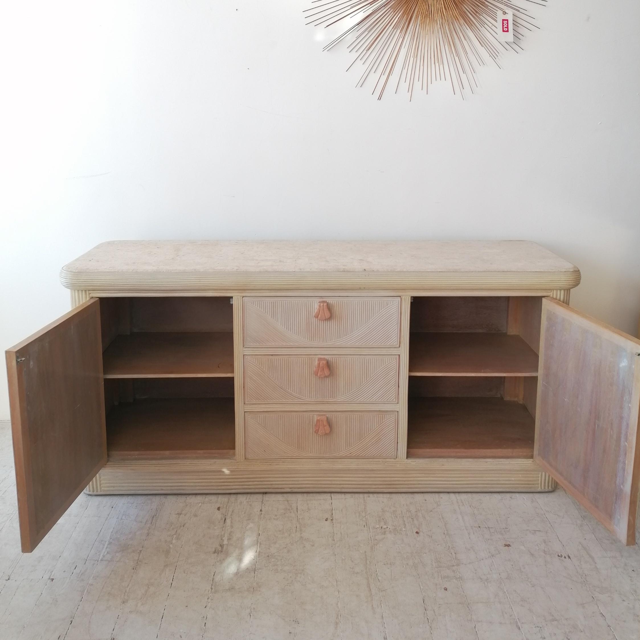 Vintage Pencil Reed / Cane Sideboard with Pink Scalloped Marble Handles, c 1970s 1