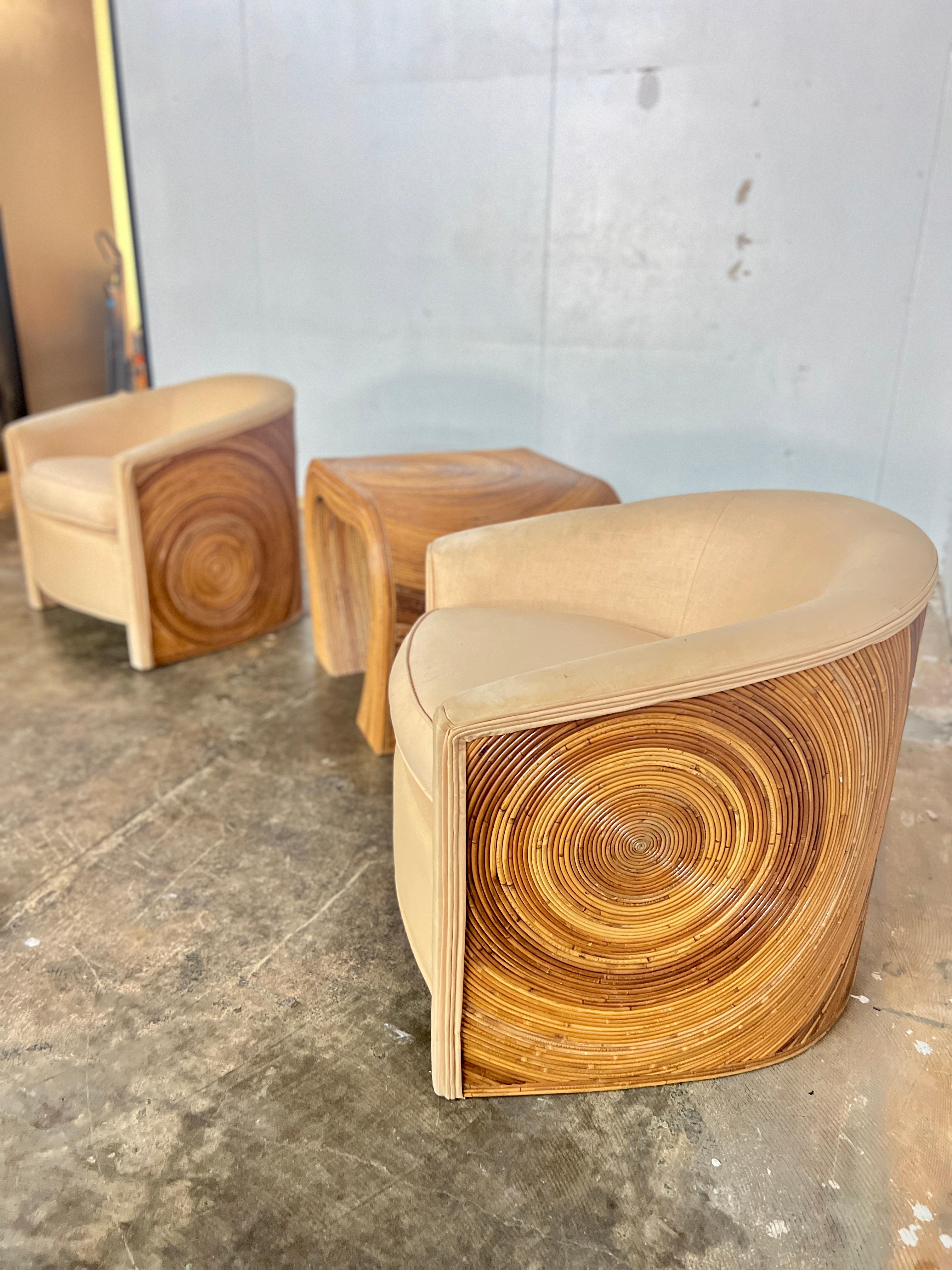 Late 20th Century Vintage Bamboo Pencil Reed Club Chairs and Side Table