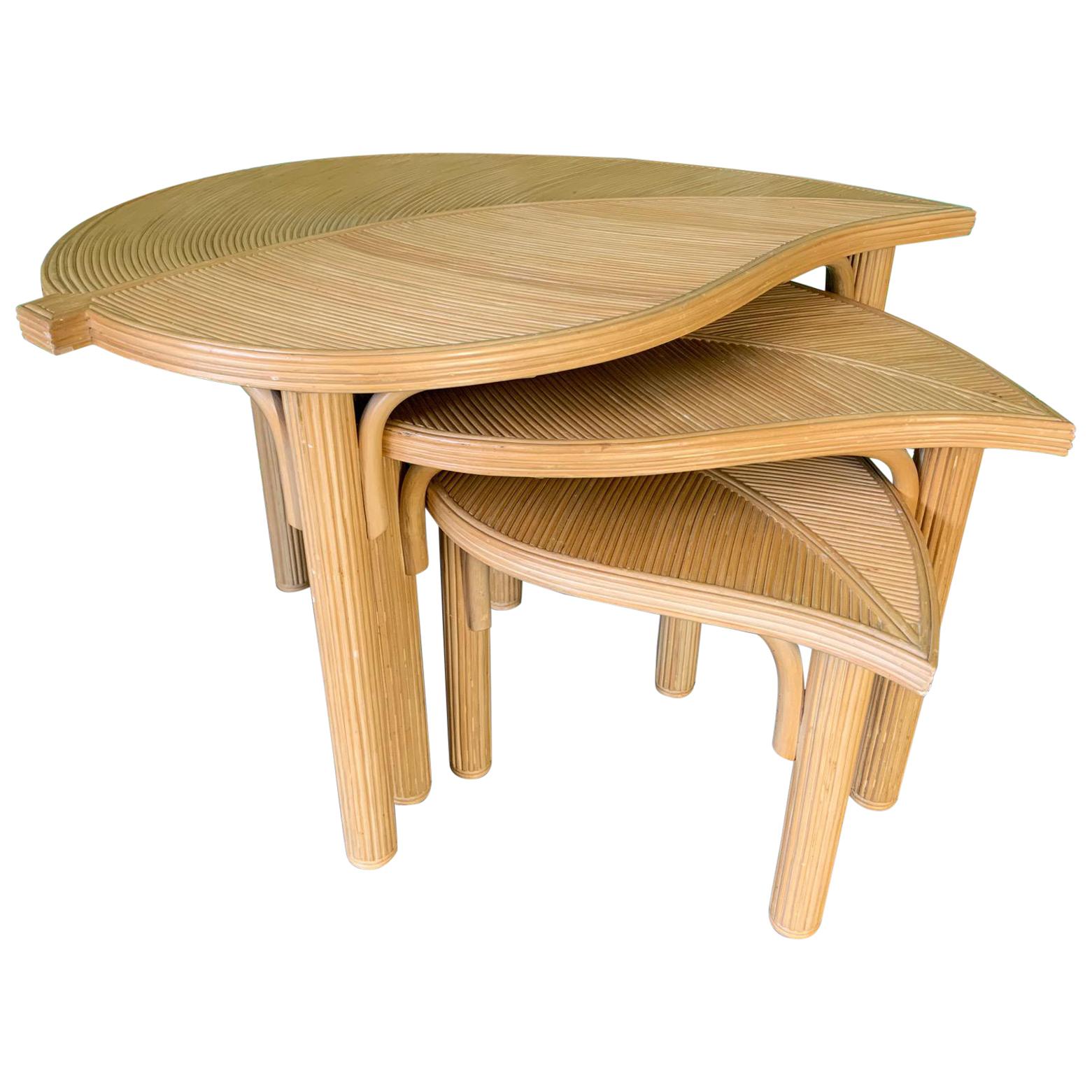 Vintage Pencil Reed Rattan Leaf Shaped Nesting Tables