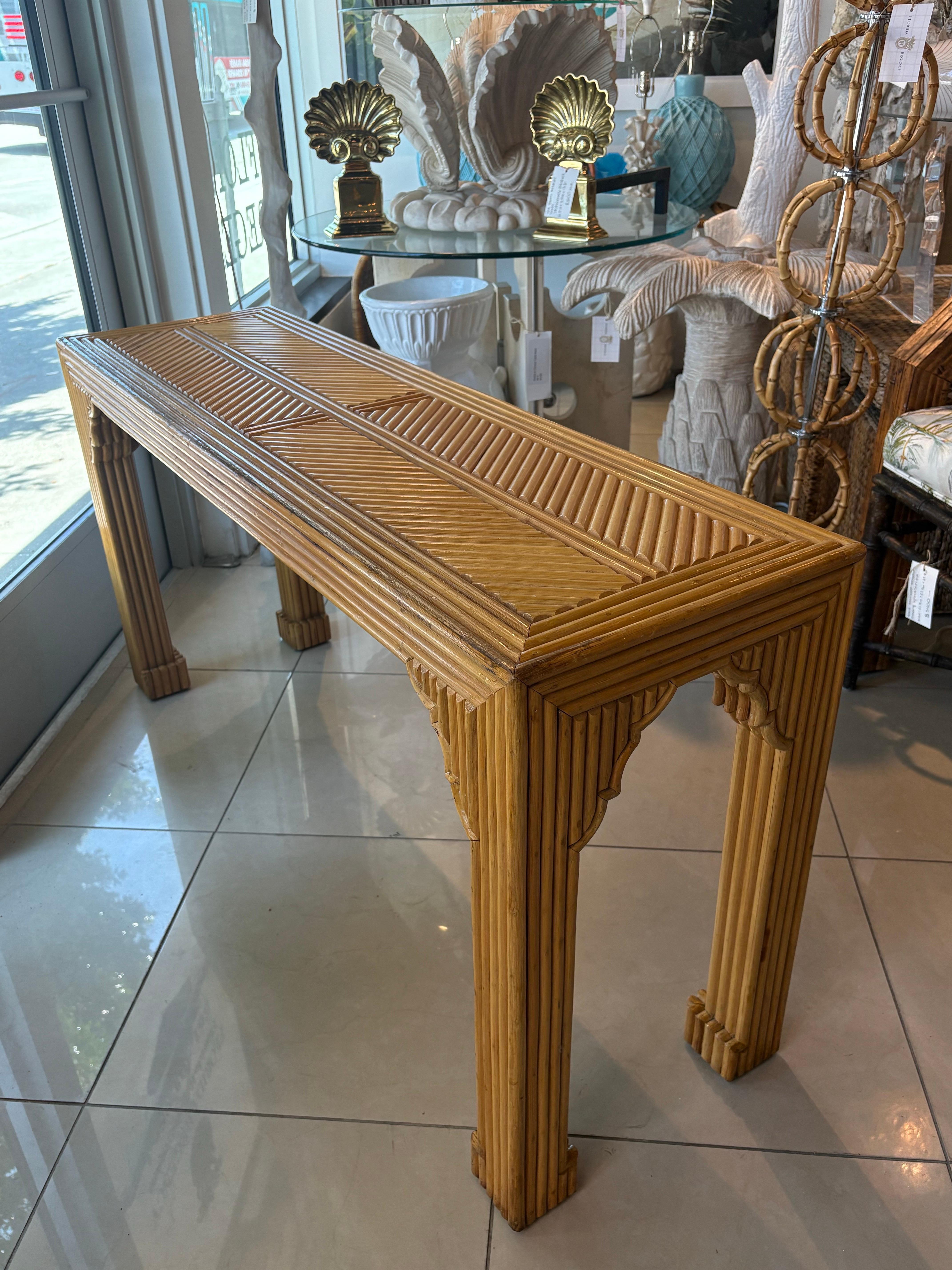 Vintage Pencil Reed Rattan Moroccan Coastal Flare Console Table For Sale 4