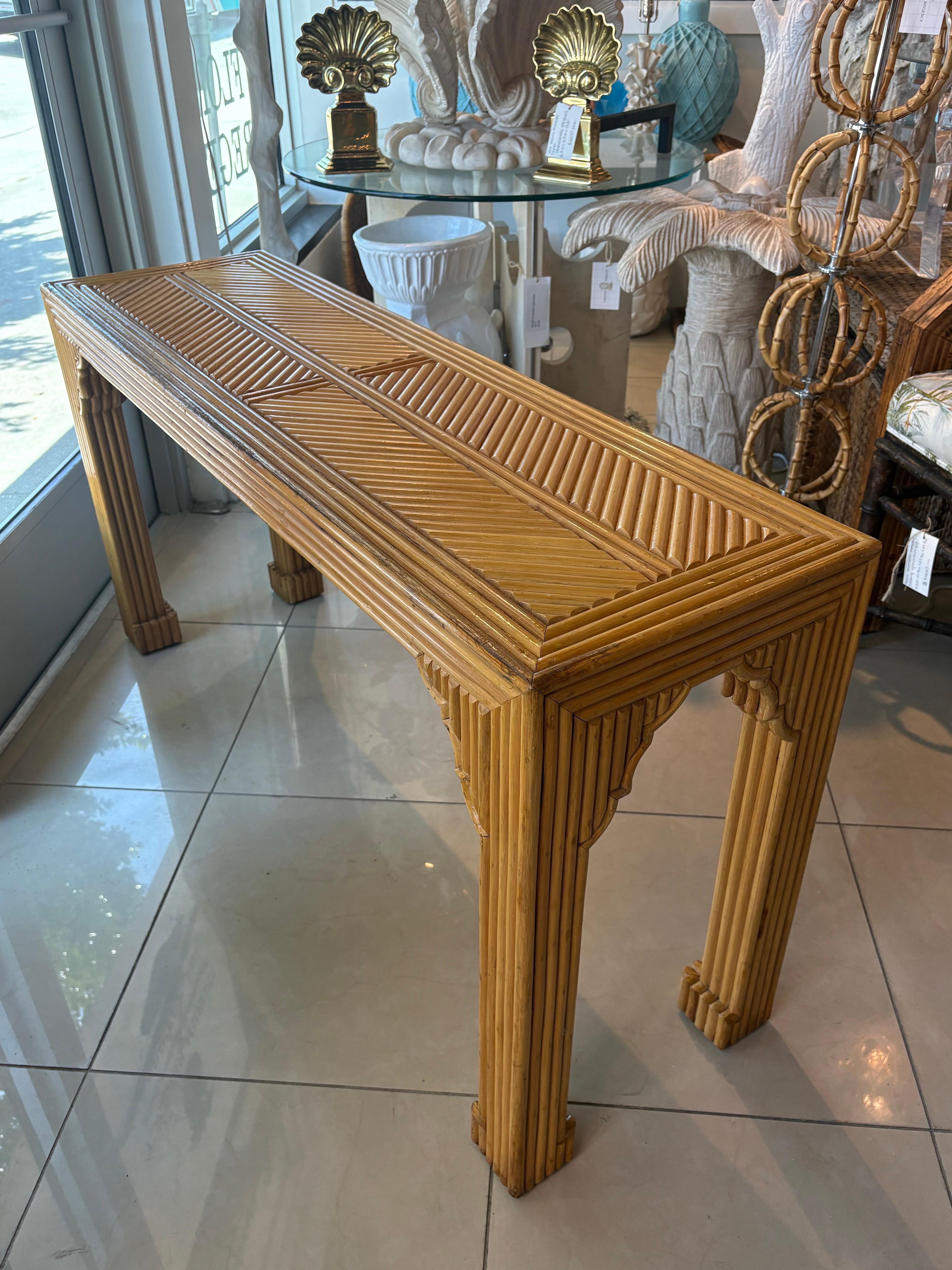 Vintage Pencil Reed Rattan Moroccan Coastal Flare Console Table For Sale 5