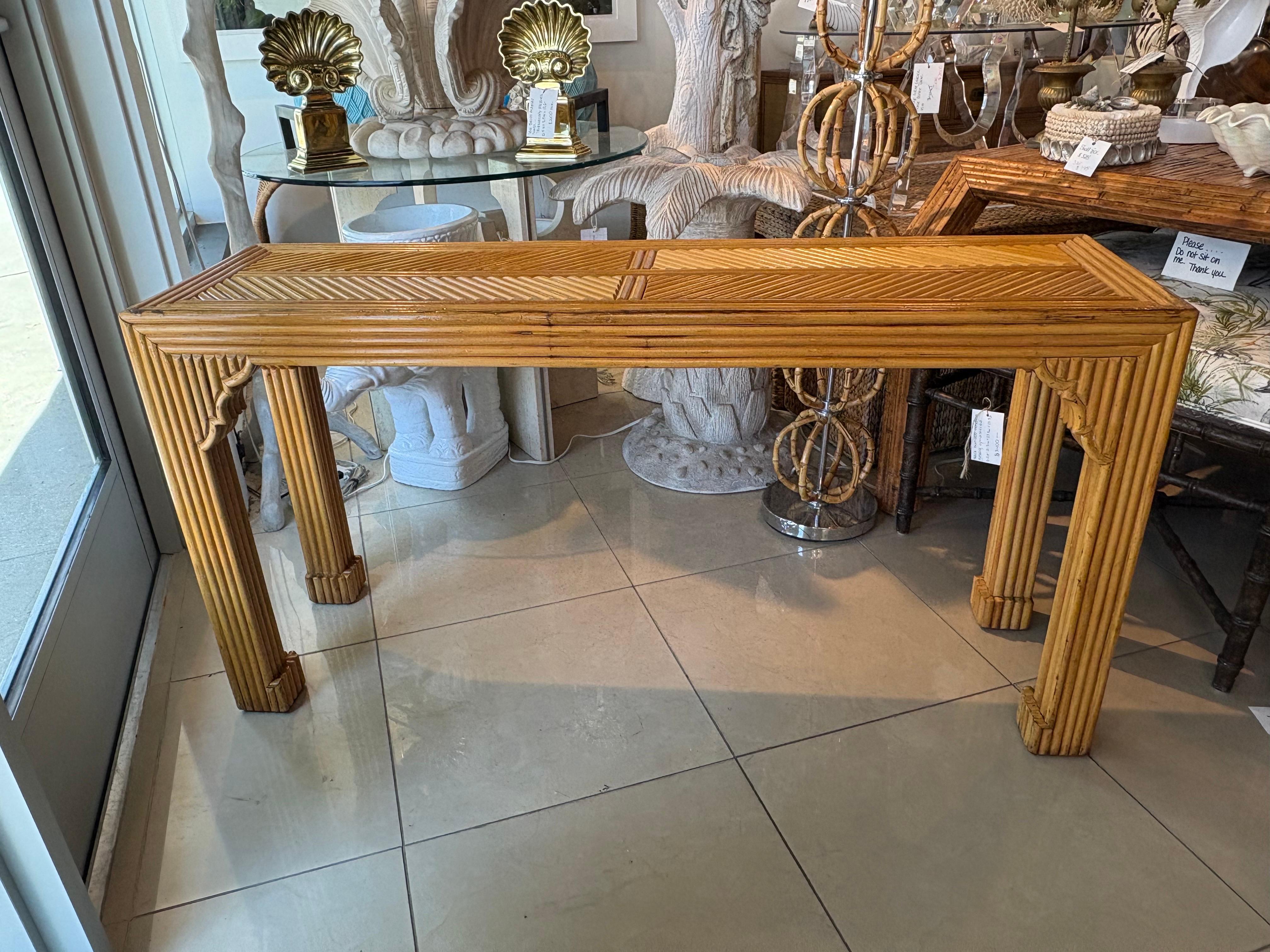 Vintage Pencil Reed Rattan Moroccan Coastal Flare Console Table For Sale 6