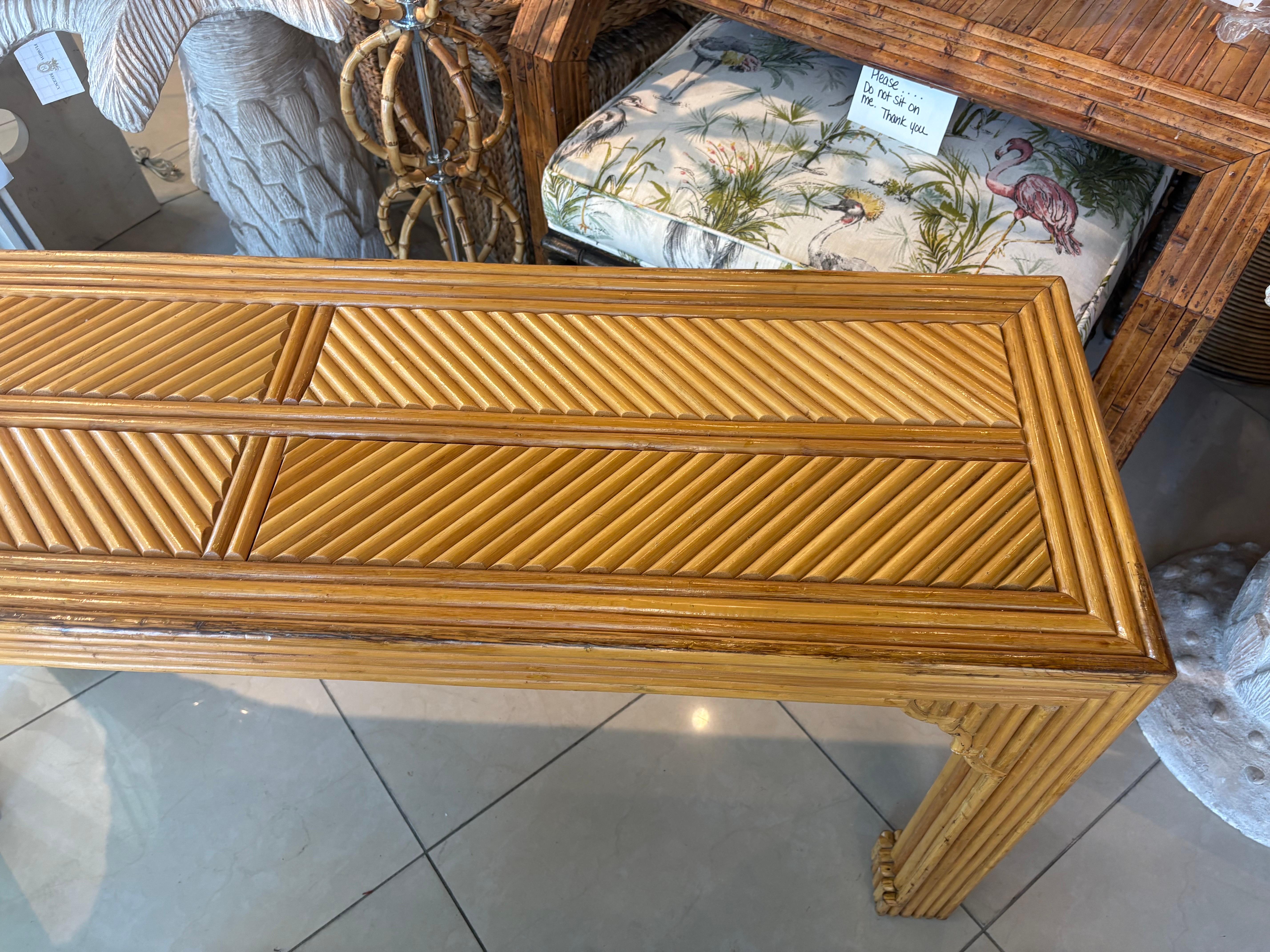 Hollywood Regency Vintage Pencil Reed Rattan Moroccan Coastal Flare Console Table For Sale