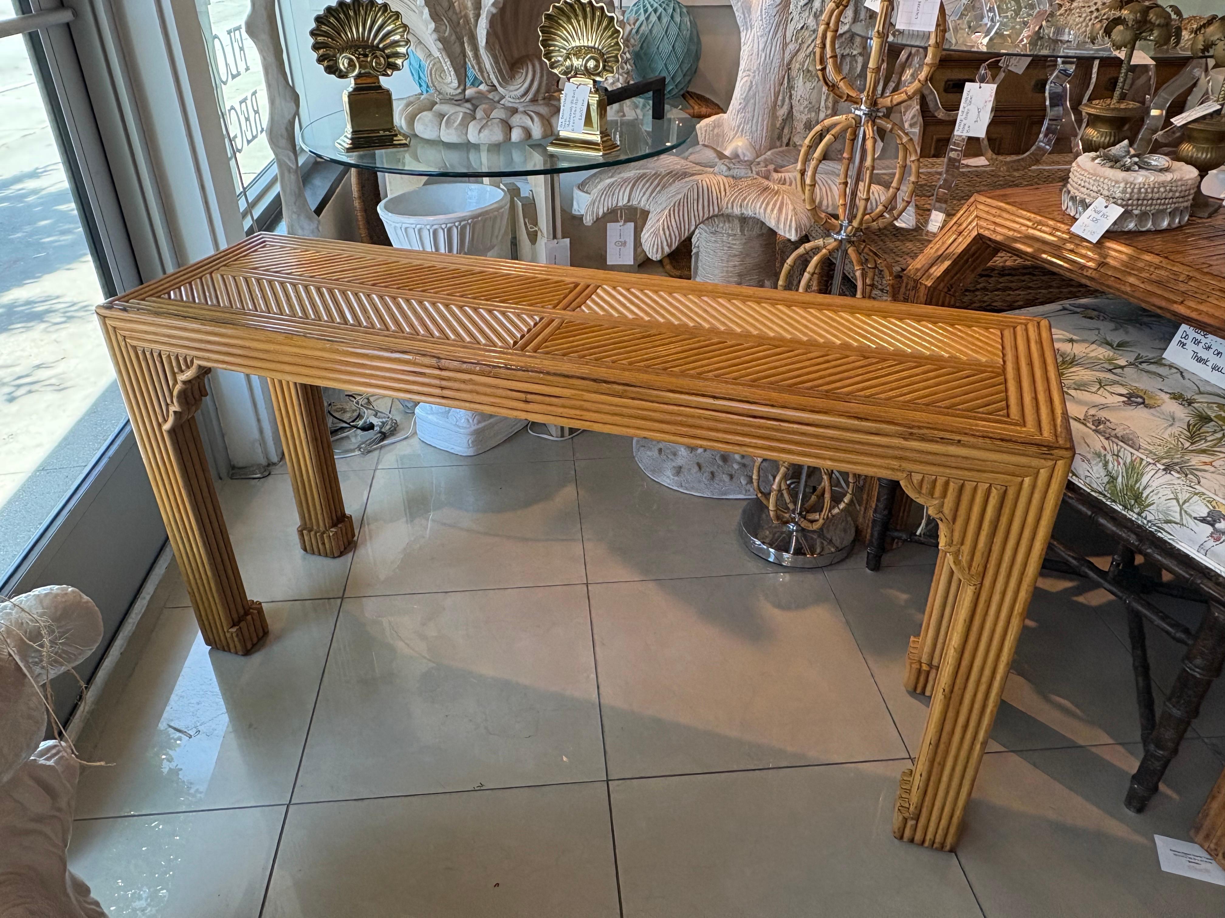 American Vintage Pencil Reed Rattan Moroccan Coastal Flare Console Table For Sale