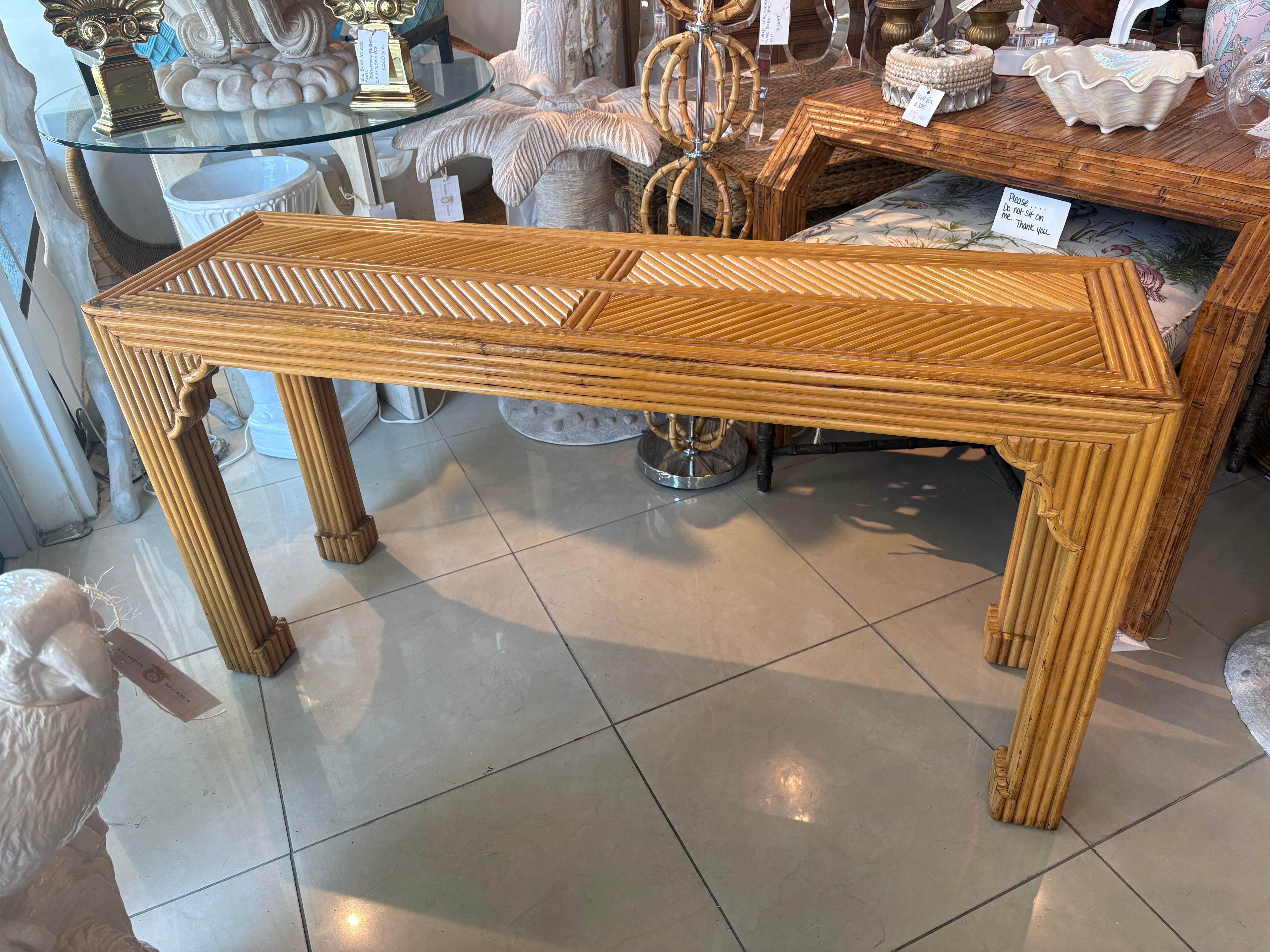 Late 20th Century Vintage Pencil Reed Rattan Moroccan Coastal Flare Console Table For Sale