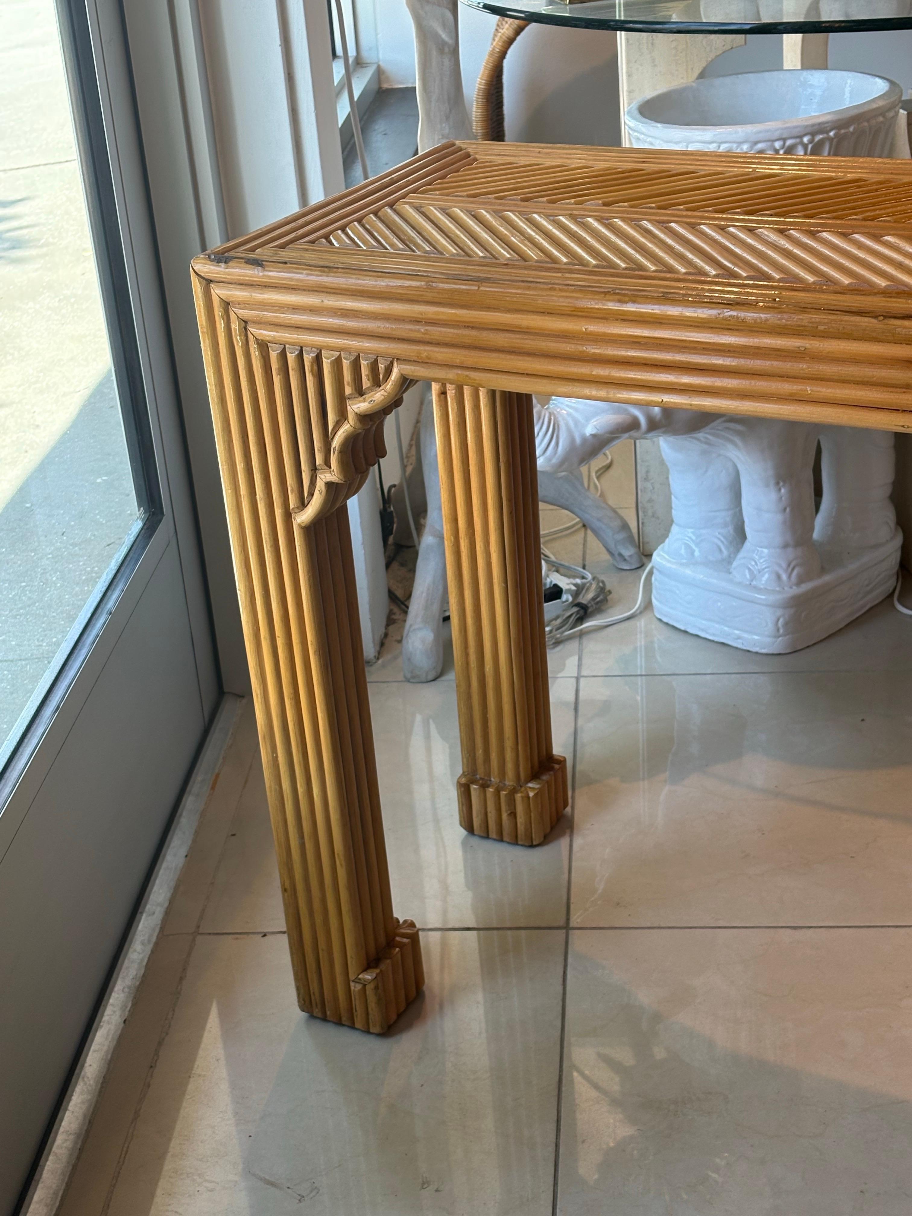 Vintage Pencil Reed Rattan Moroccan Coastal Flare Console Table For Sale 3