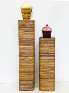 Vintage Pencil Reed Rattan Pedestal with Black Glass