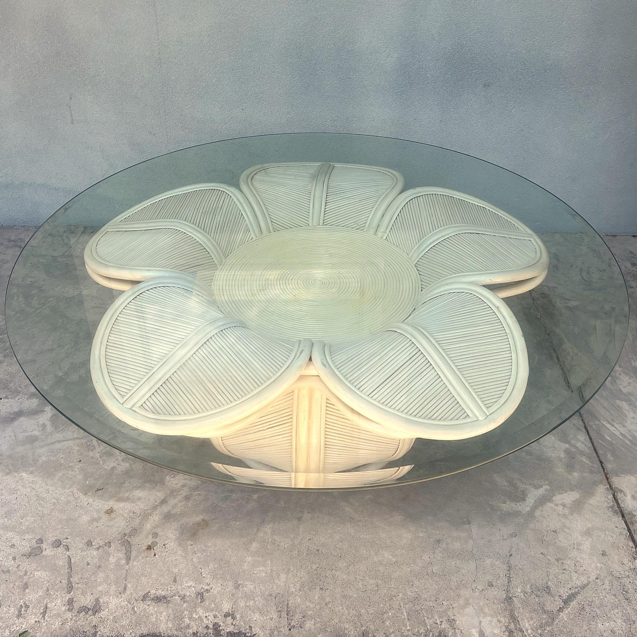 Mid Century Pencil Reed Gabriella Crespi Style Flower Mid Century Glass Top Cocktail Table Available and Ready to Ship!// Make a statement with this fabulous Pencil Reed floral side or cocktail table with a glass top. This piece is made of split