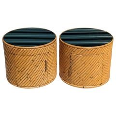 Vintage Pencil Reed Side Tables with Mirrored Tops, c1980s