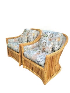 Vintage Pencil Reed Vivai del Sud Style Coastal Lounge Chairs Ottomans assortis
