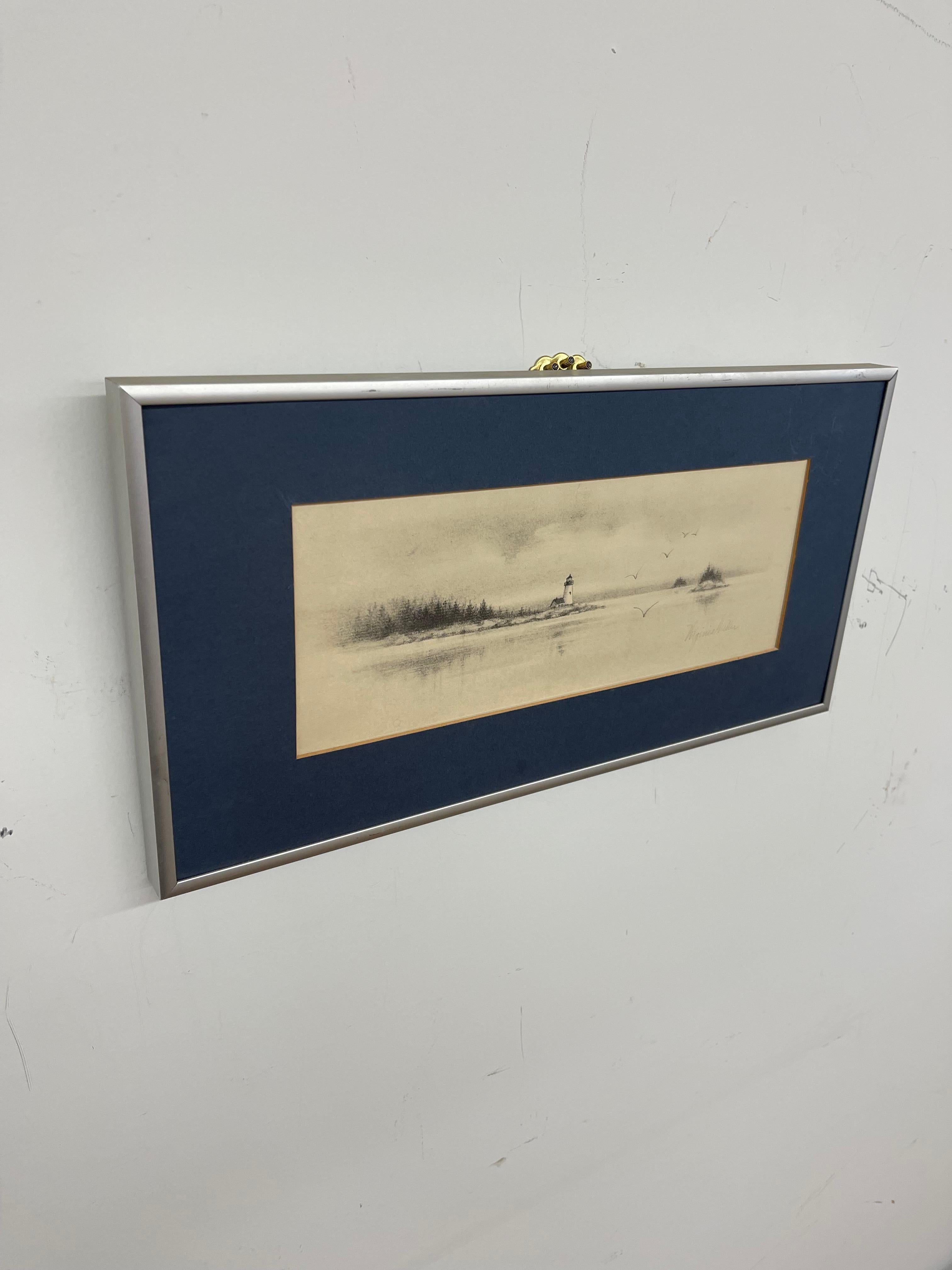 Vintage Bleistift-signiert Küstenleuchtturm Lithographie von Virginia Miller (Moderne der Mitte des Jahrhunderts) im Angebot