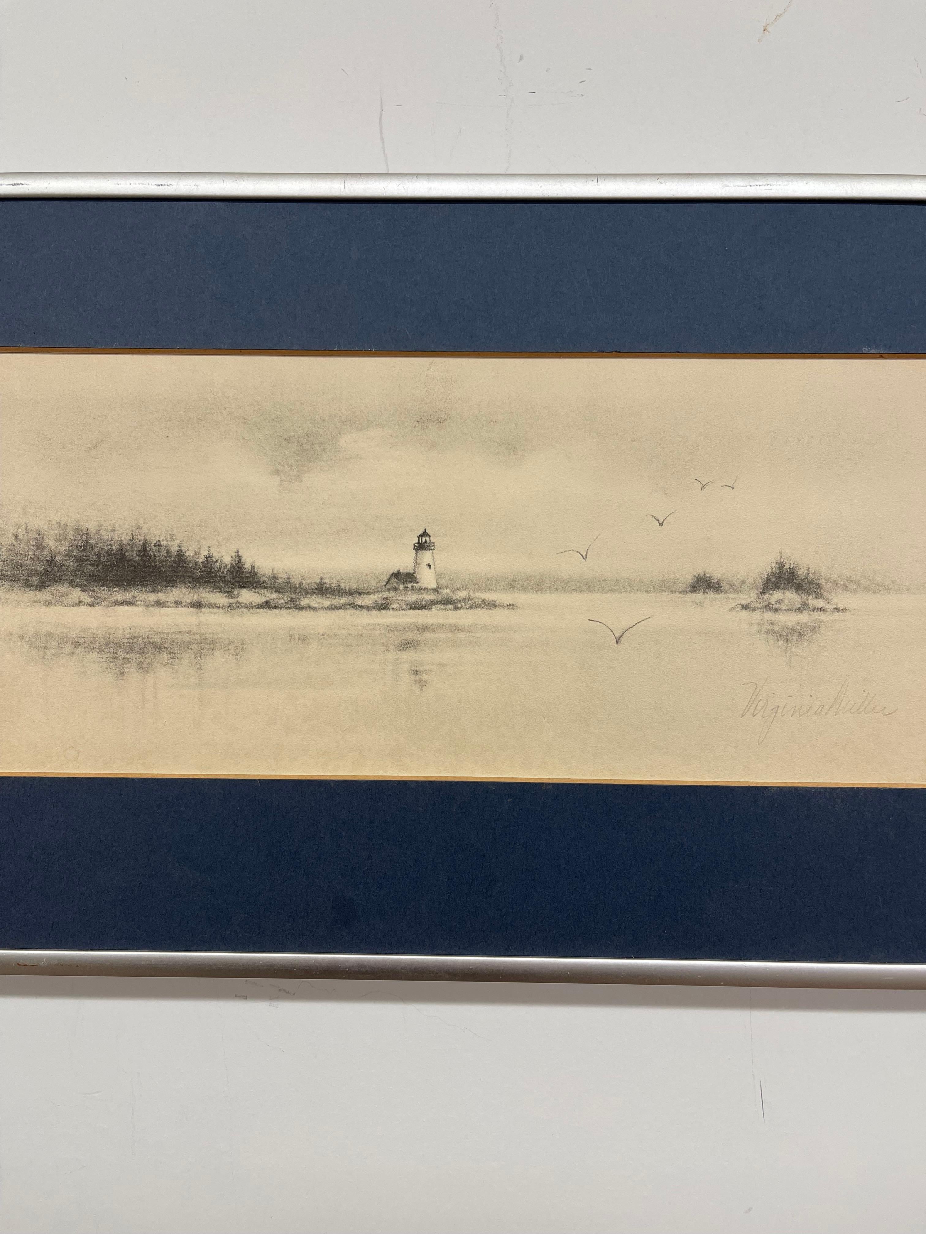 Vintage Bleistift-signiert Küstenleuchtturm Lithographie von Virginia Miller (Ende des 20. Jahrhunderts) im Angebot