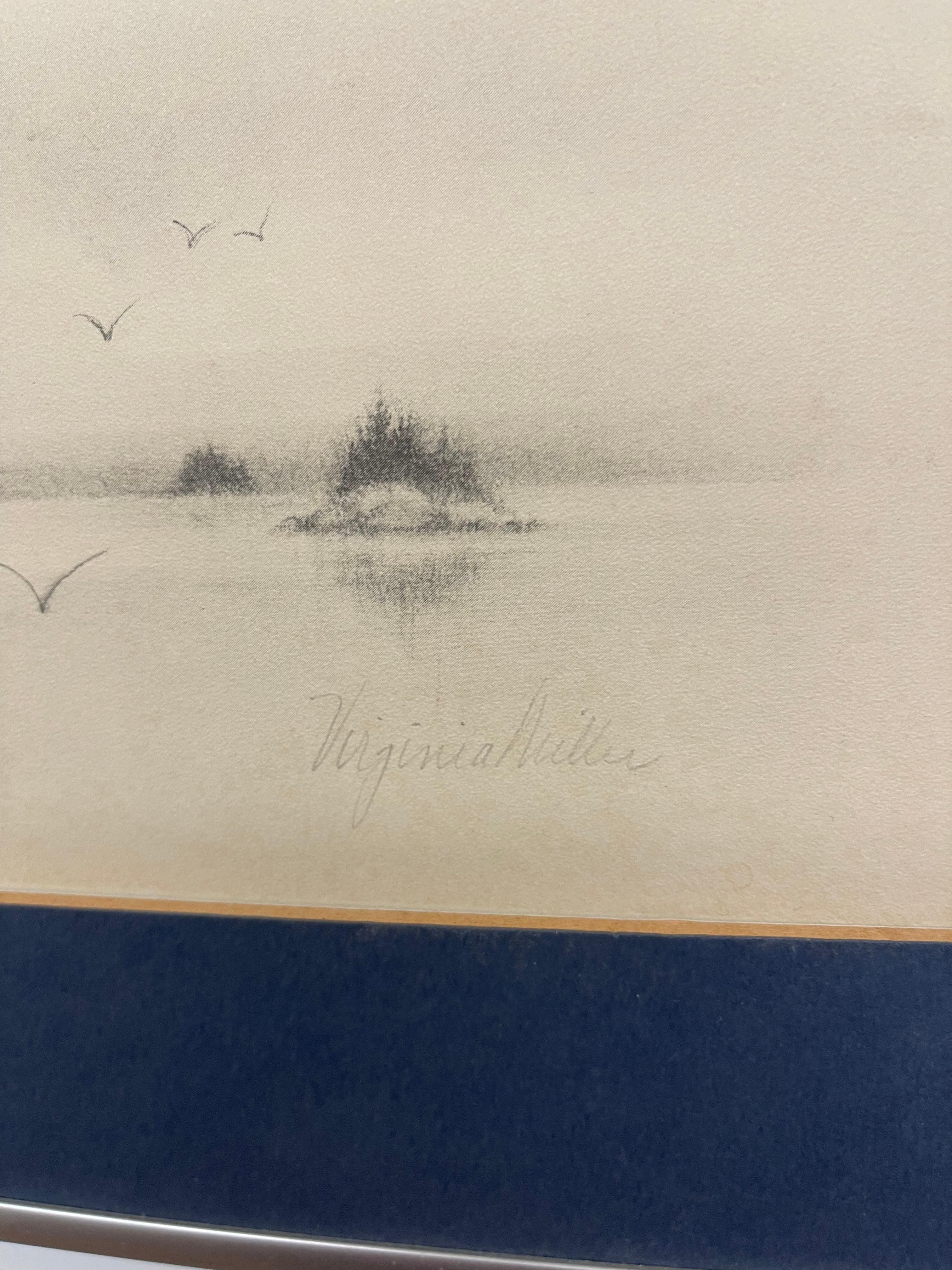 Vintage Bleistift-signiert Küstenleuchtturm Lithographie von Virginia Miller (Metall) im Angebot