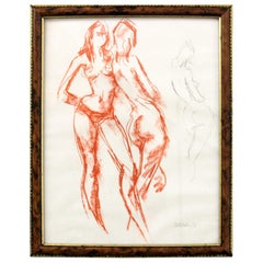 Croquis vintage au crayon d'une jeune fille nue, Angleterre, 1968