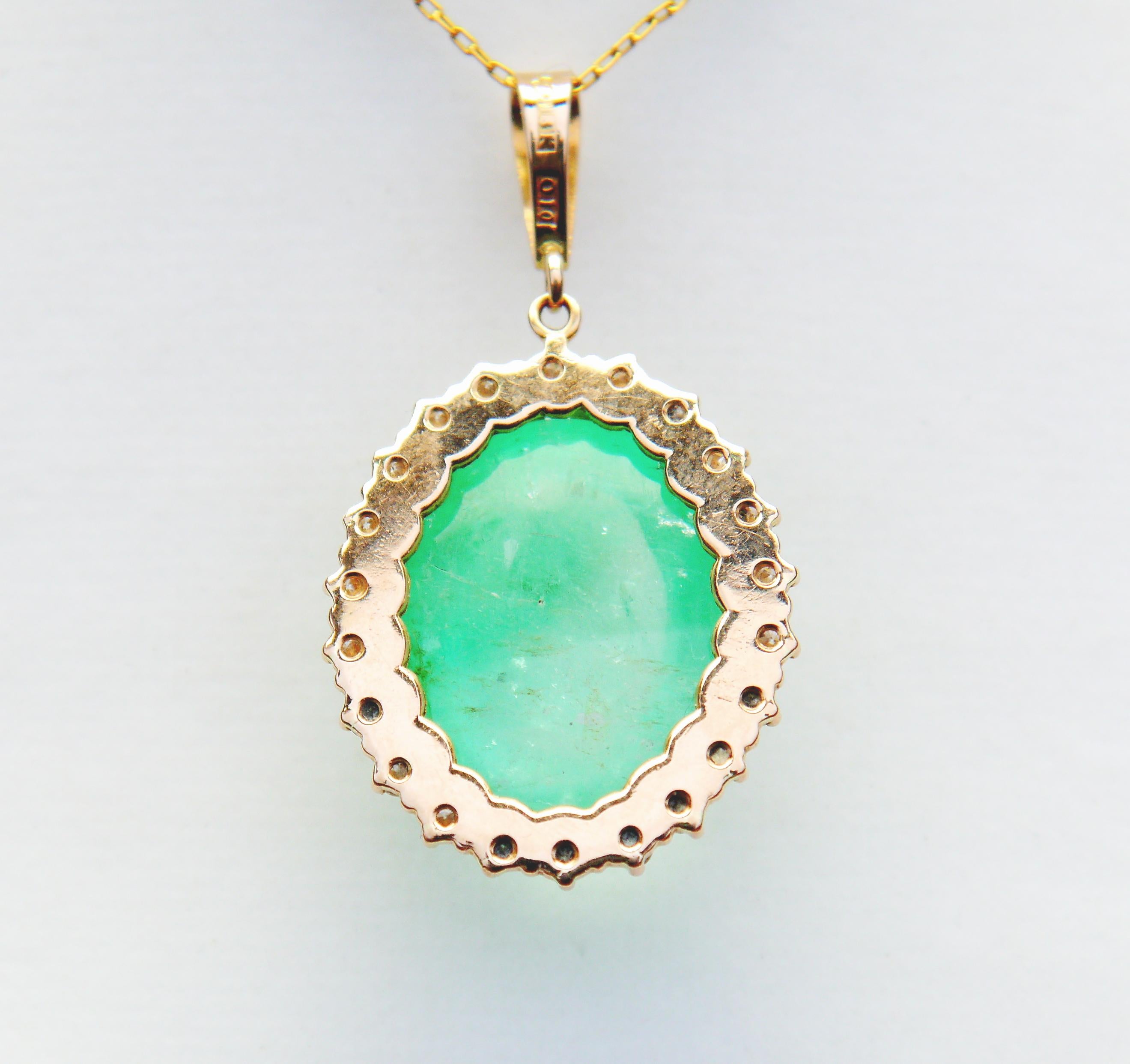 Women's or Men's Vintage Pendant 50ct Emerald 1.32ctw Diamonds solid 18K Yellow Gold / 16 gr For Sale