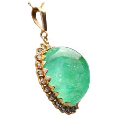 Antique Pendant 50ct Emerald 1.32ctw Diamonds solid 18K Yellow Gold / 16 gr