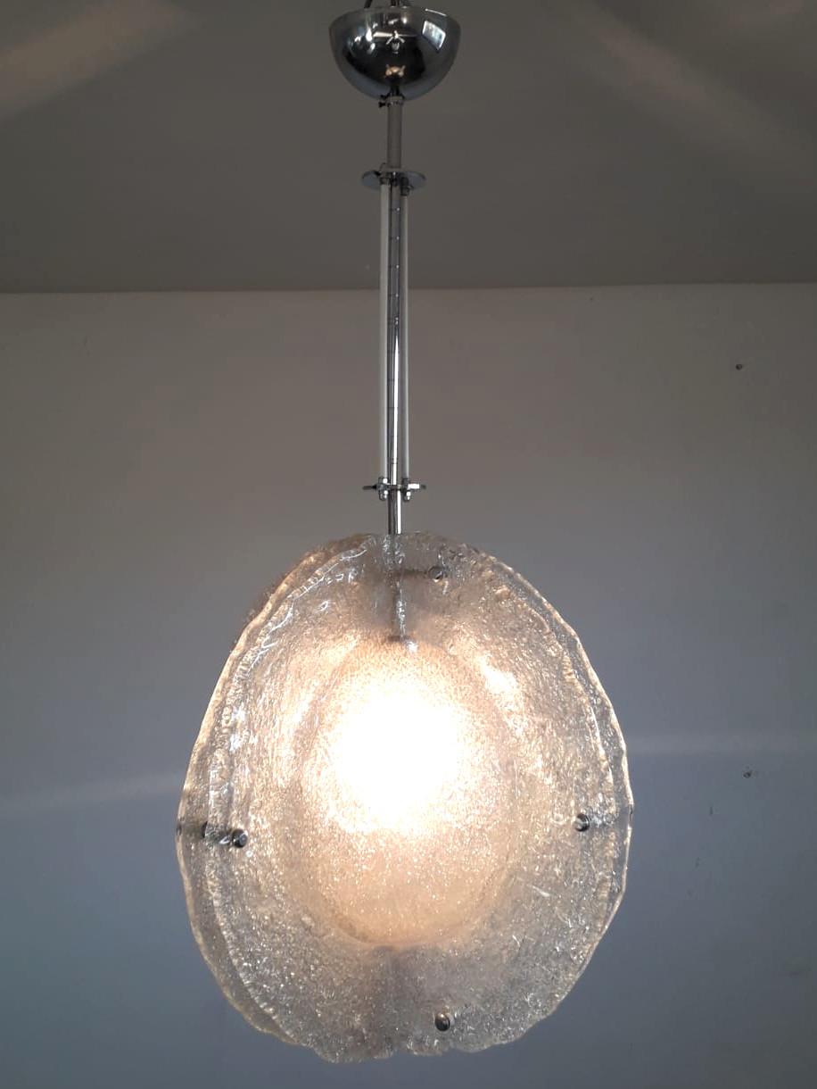 One of a kind Italian pendant or chandelier with textured spherical Murano glass shades, suspended from chrome hardware / Made in Italy by Mazzega, circa 1960s
Measures: diameter 23 inches, glass height 18 inches, total height 35.5 inches including