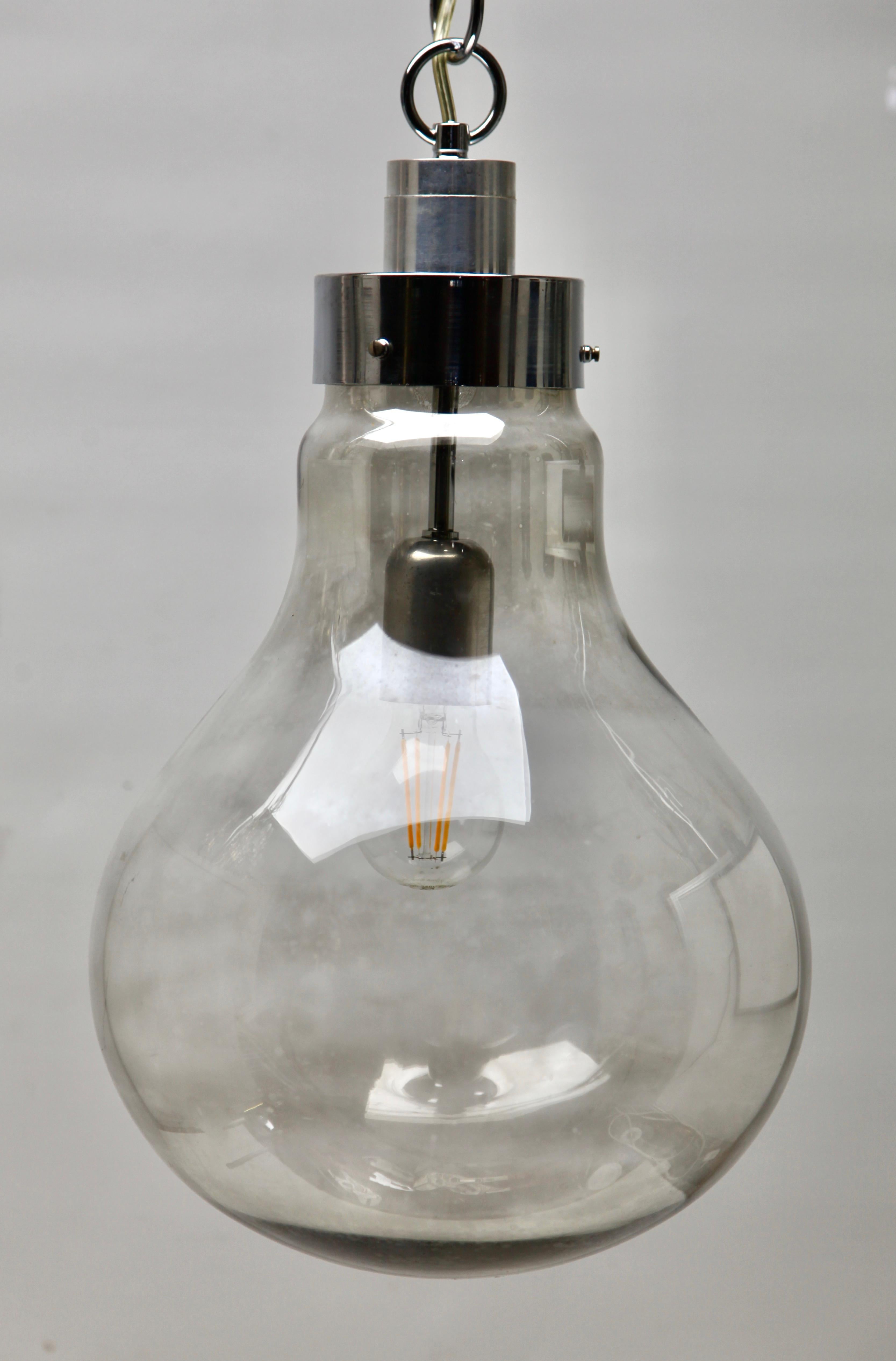 Italian Vintage Pendant Ceiling Light in the Schape of a Big Bulb, Smoked Glass, 1960s For Sale