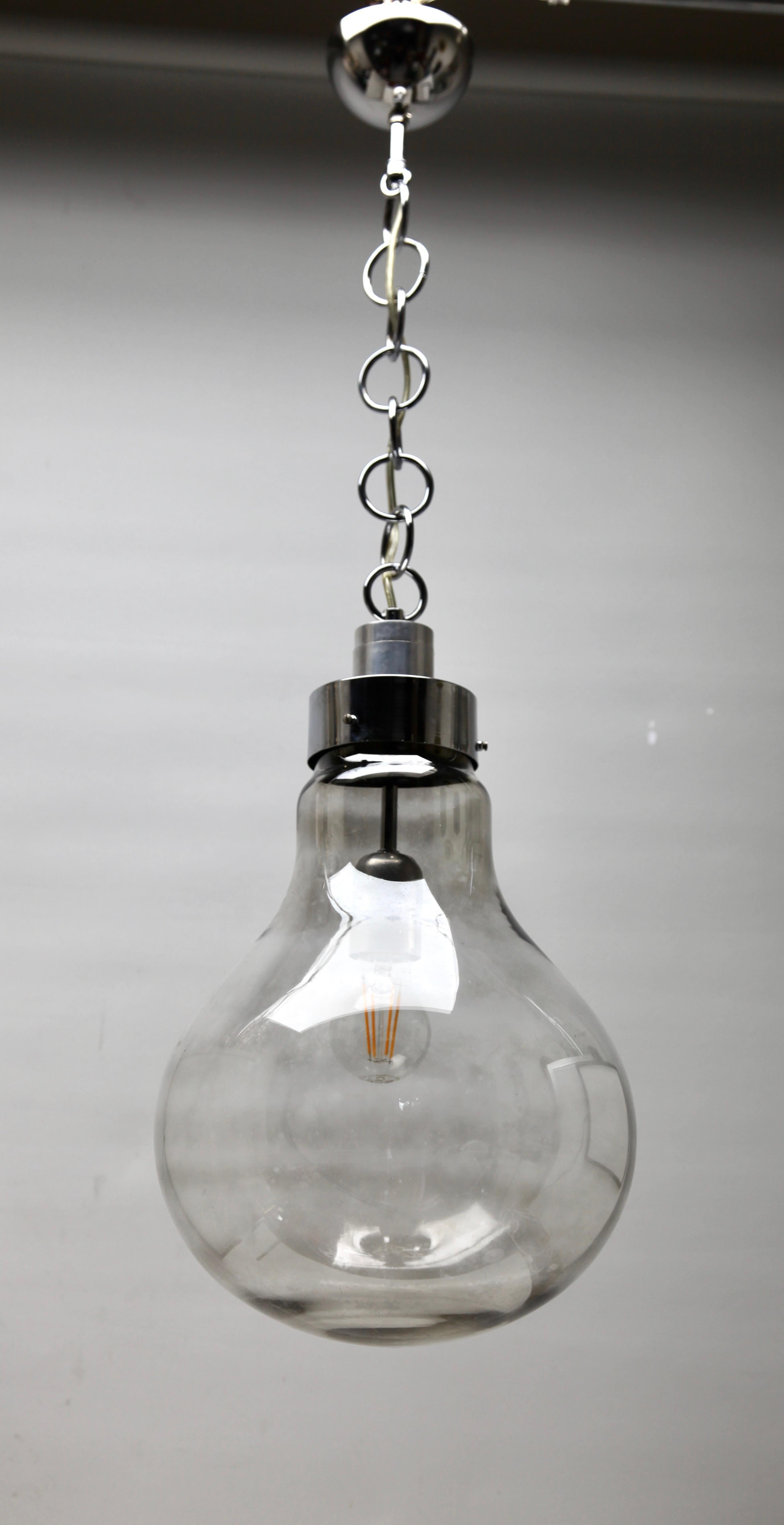 Machine-Made Vintage Pendant Ceiling Light in the Schape of a Big Bulb, Smoked Glass, 1960s For Sale