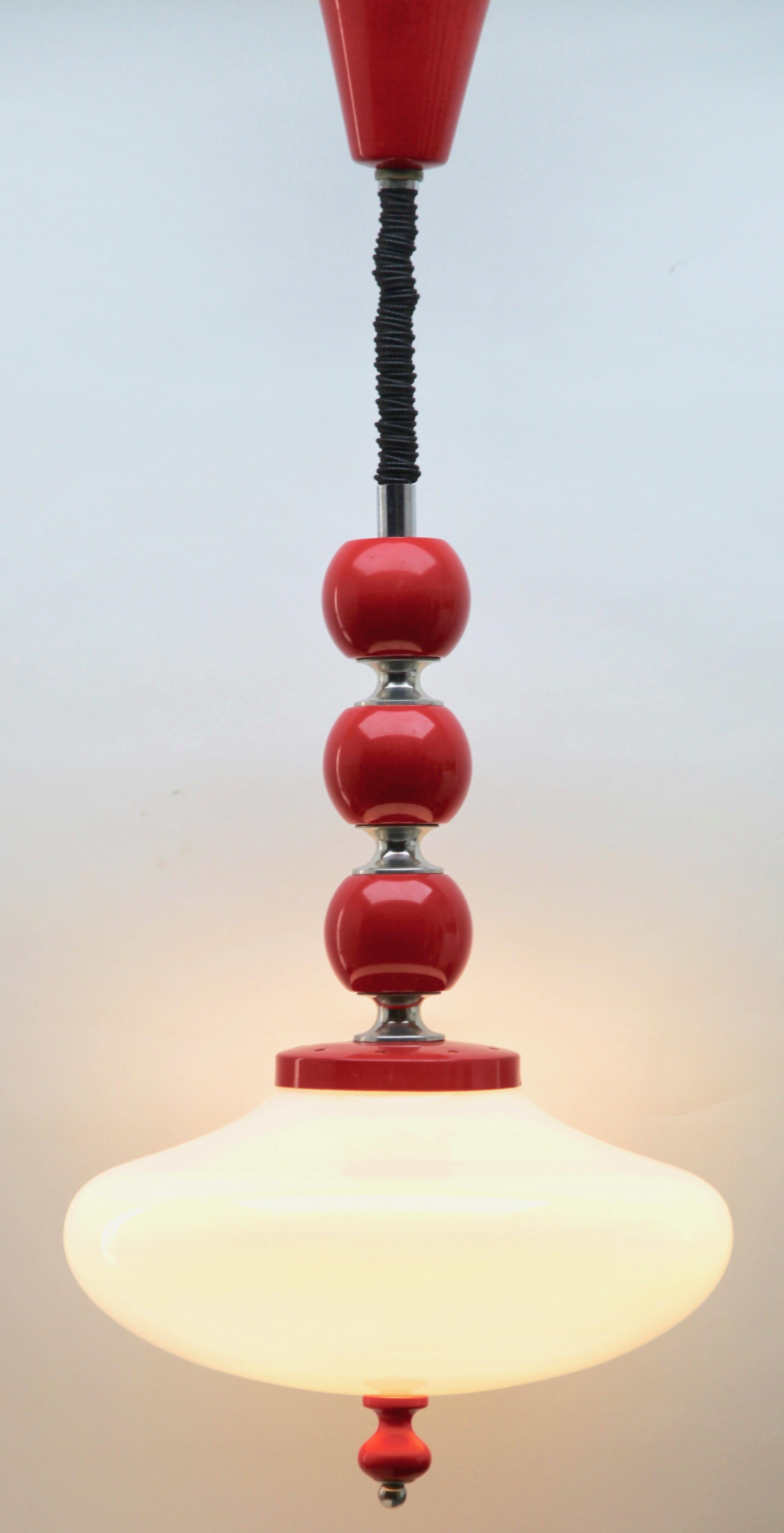 Vintage Pendant Ceiling Light White Wooden Red Details Opaque Glass, 1960s 2