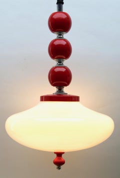 Vintage Pendant Ceiling Light White Wooden Red Details Opaque Glass, 1960s
