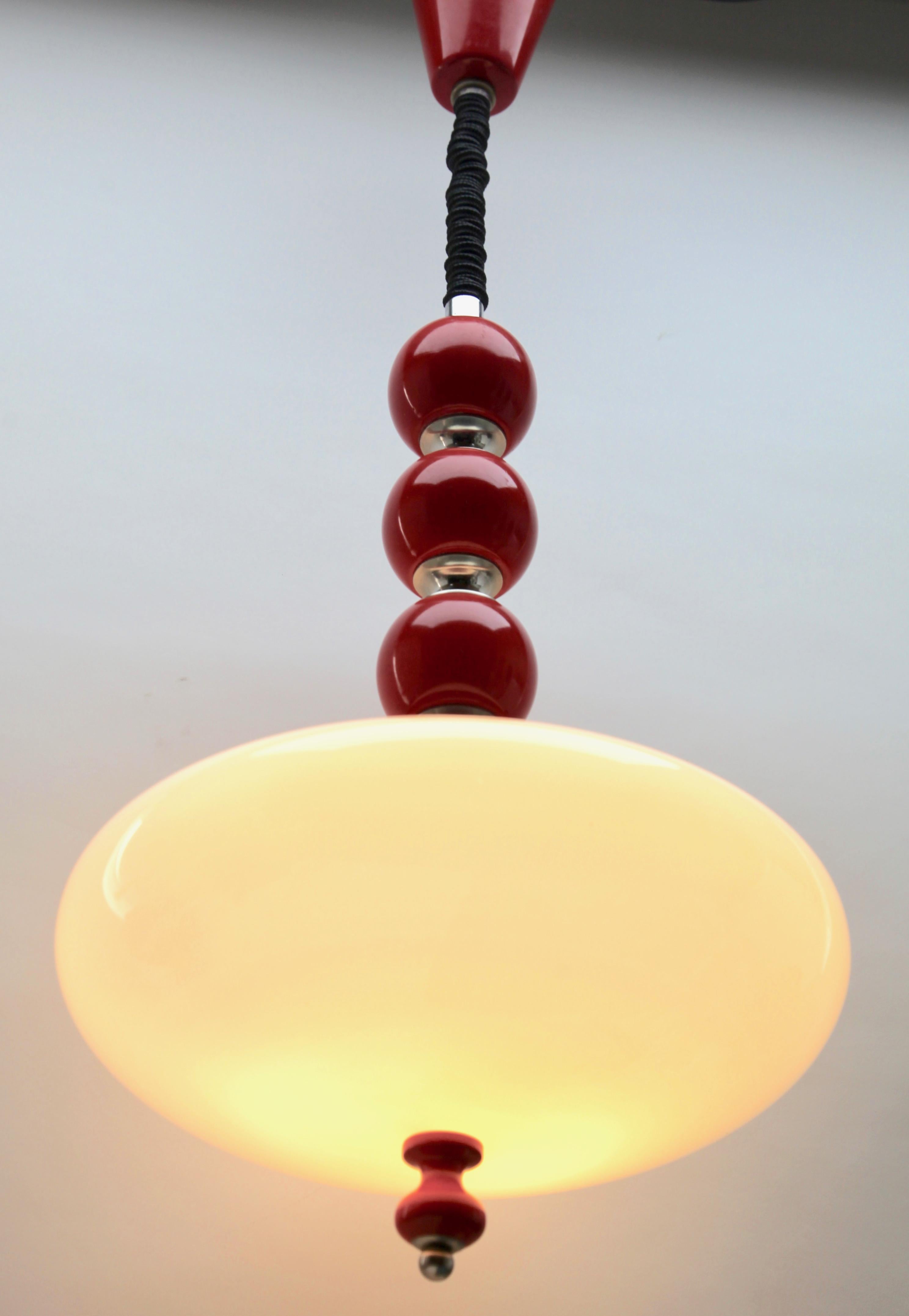 Art Glass Vintage Pendant Ceiling Light White Wooden Red Details Opaque Glass, 1960s