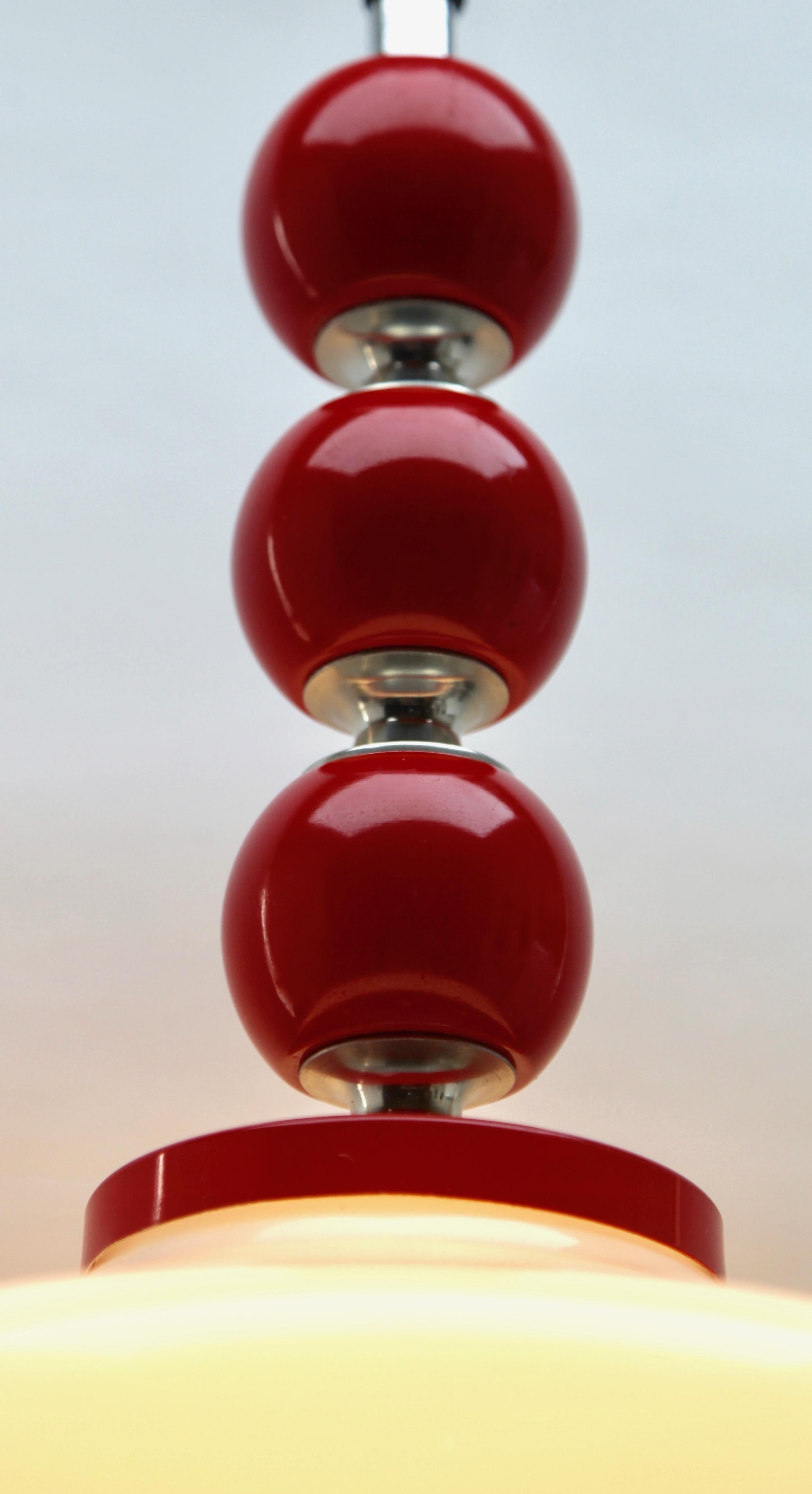 Vintage Pendant Ceiling Light White Wooden Red Details Opaque Glass, 1960s 1