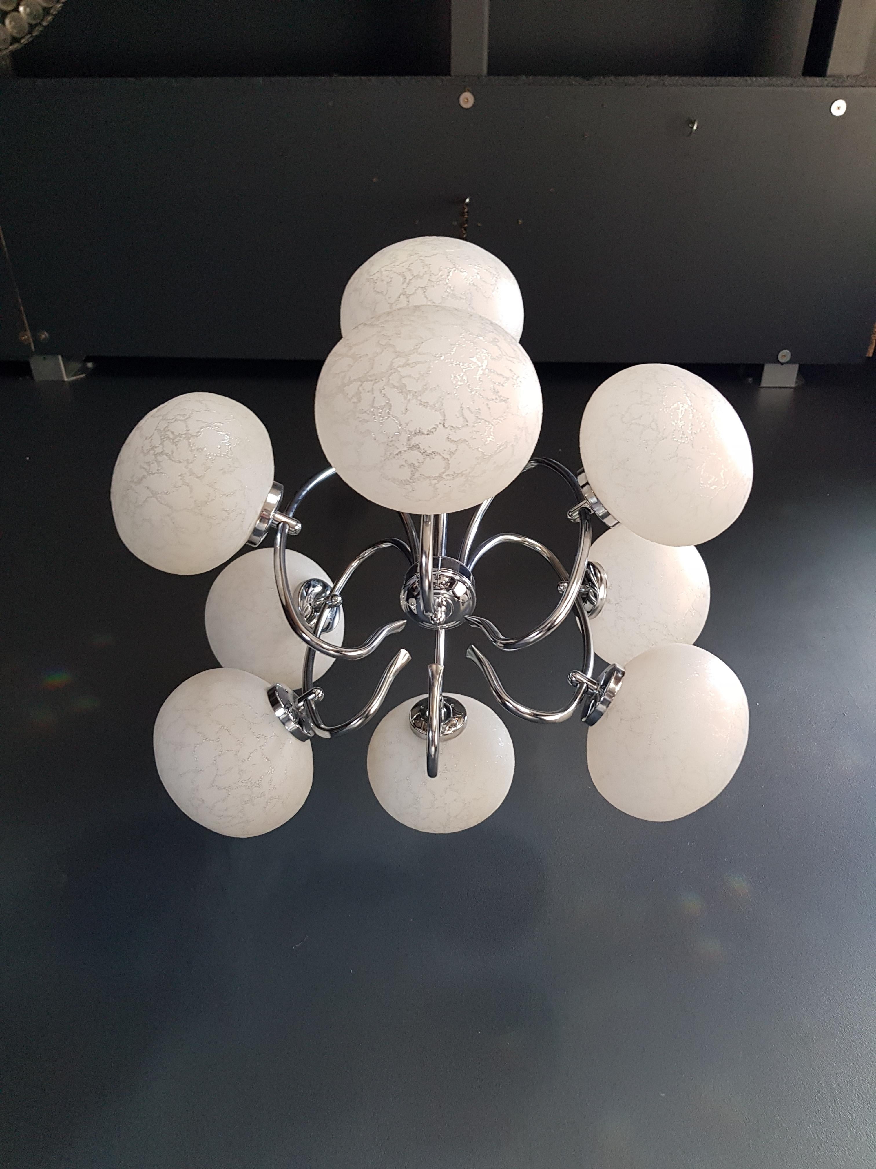 German Vintage Pendant Chandelier 1970s Space Age Ufo Atom Lamp White Chrome For Sale