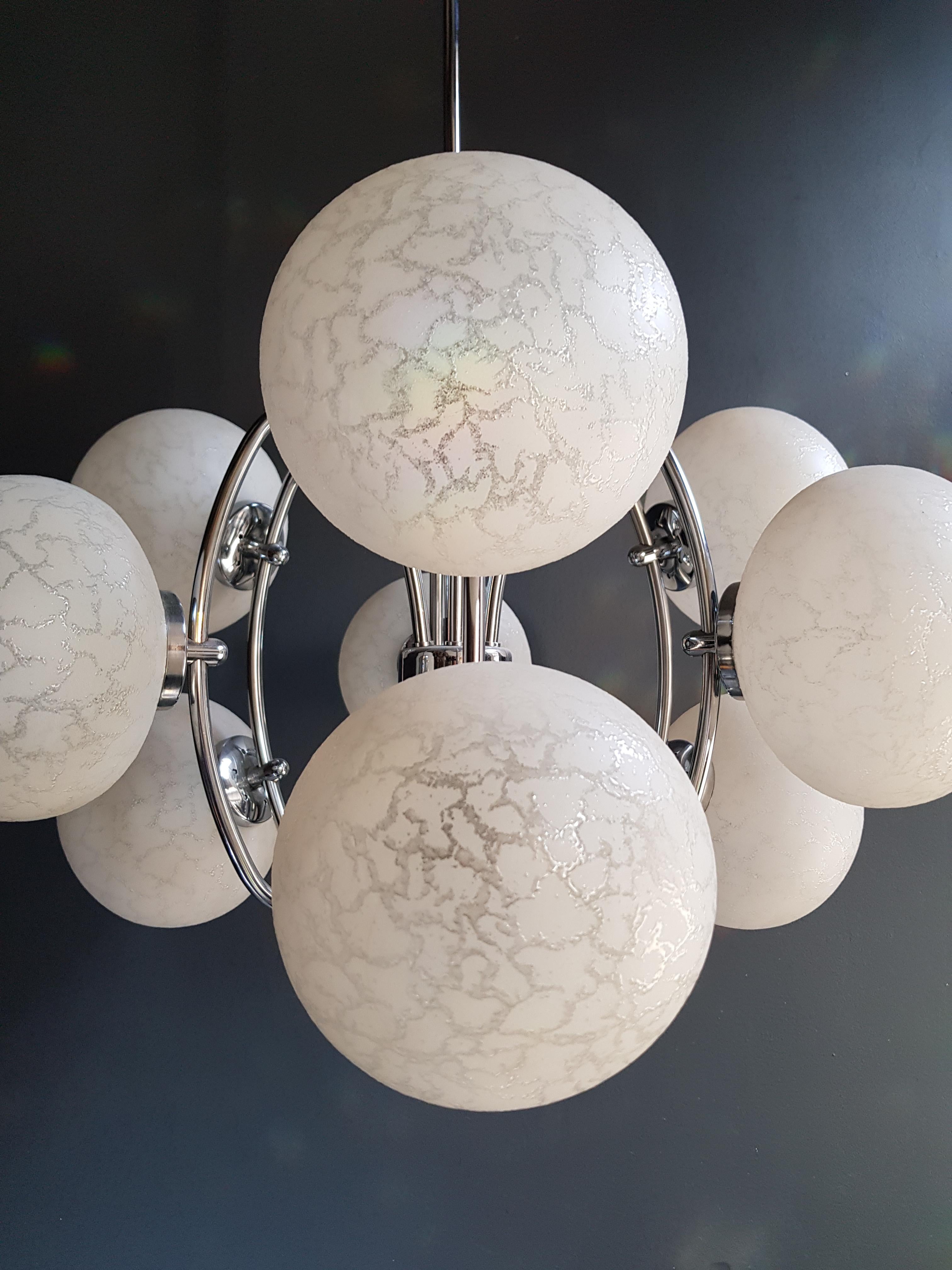 Glass Vintage Pendant Chandelier 1970s Space Age Ufo Atom Lamp White Chrome For Sale