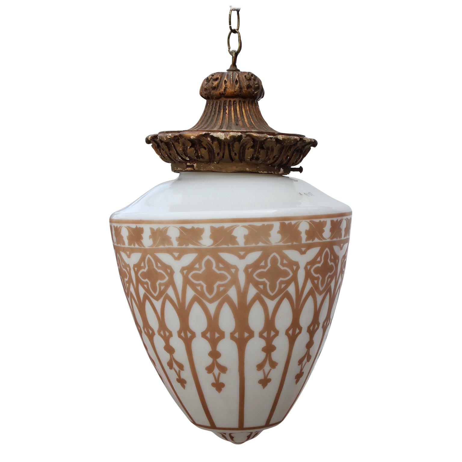 Vintage Pendant Chandelier Light with Gold Leaf Base and Architectural Stencil