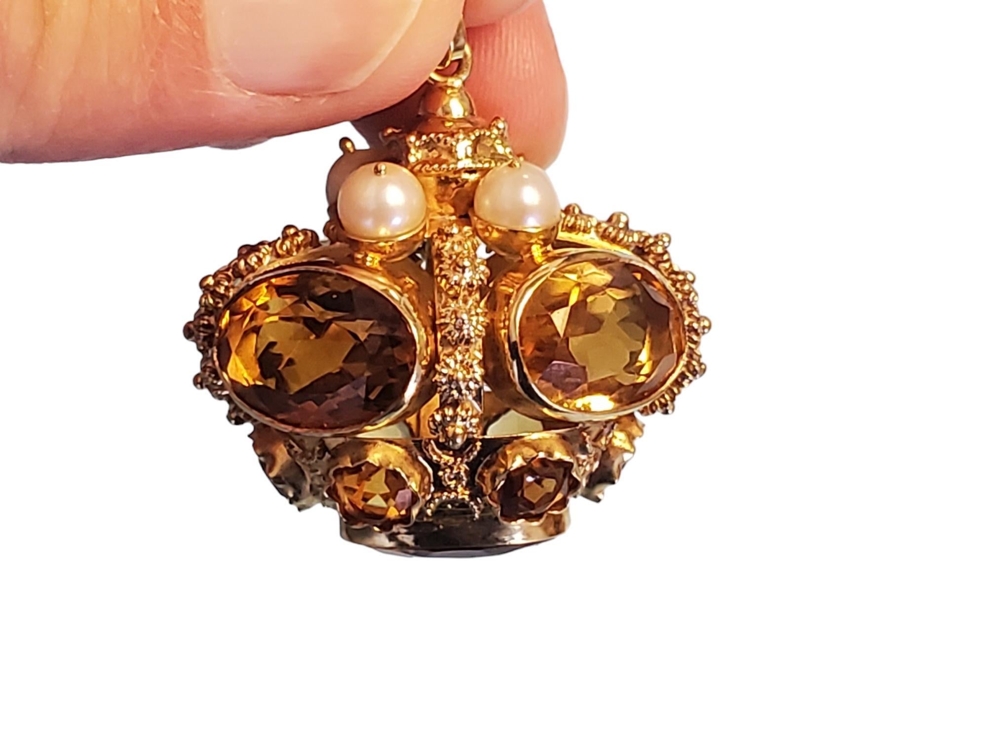 Oval Cut Vintage Pendant Crown 18k Yellow Gold Charm Oval Citrine and Pearls