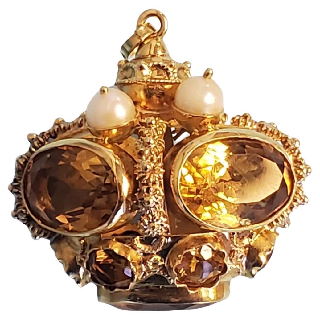 Vintage-Anhänger Krone 18k Gelbgold Charm Oval Citrin und Perlen