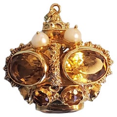 Pendentif Vintage Couronne en or jaune 18k breloque ovale citrine et perles