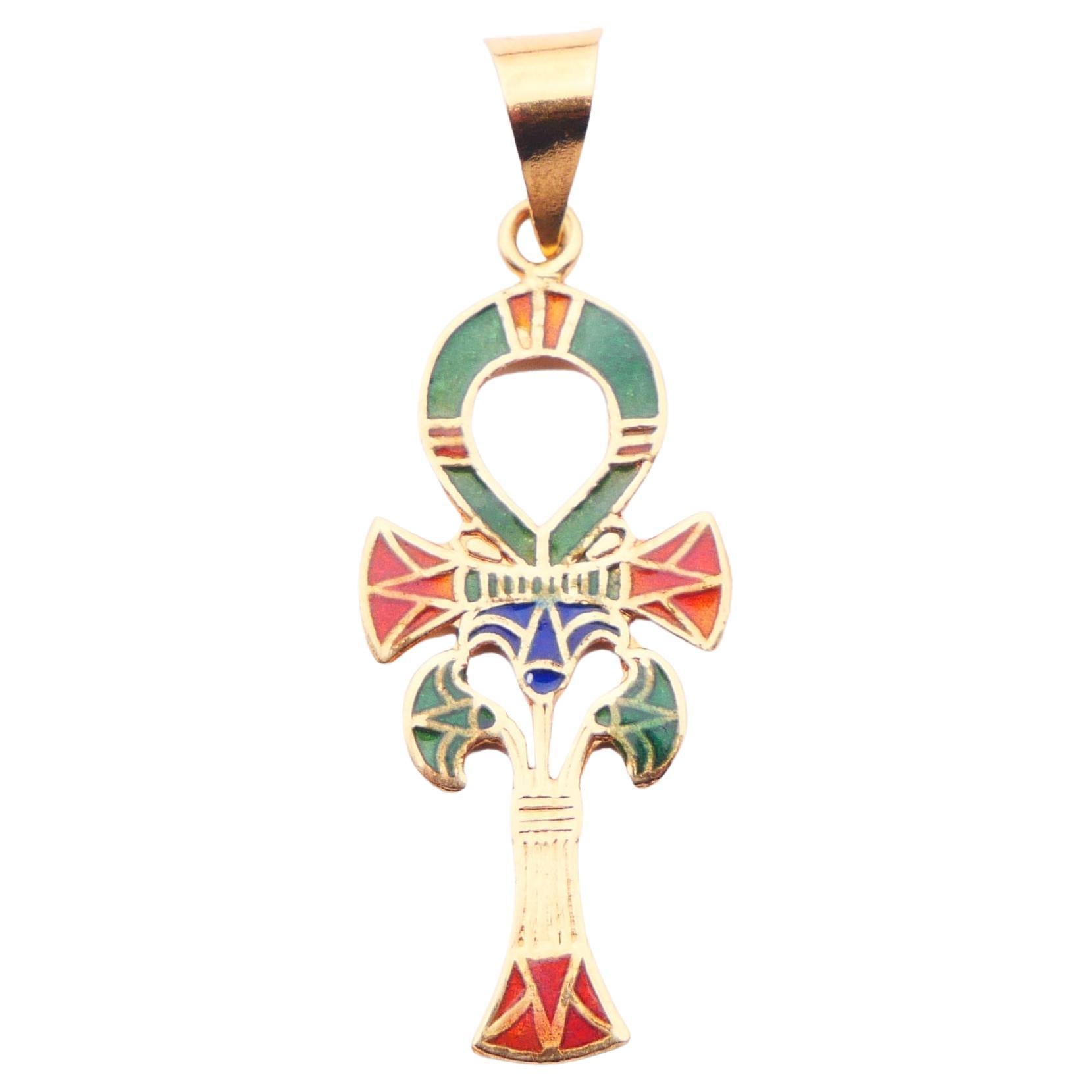 Vintage Pendant Egyptian ANKH Key Of Life Enamels solid 18K Gold / 2gr