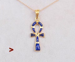 Vintage Pendant Egyptian ANKH Key Of Life Lapis Lazuli solid 18K Gold / 1.5gr