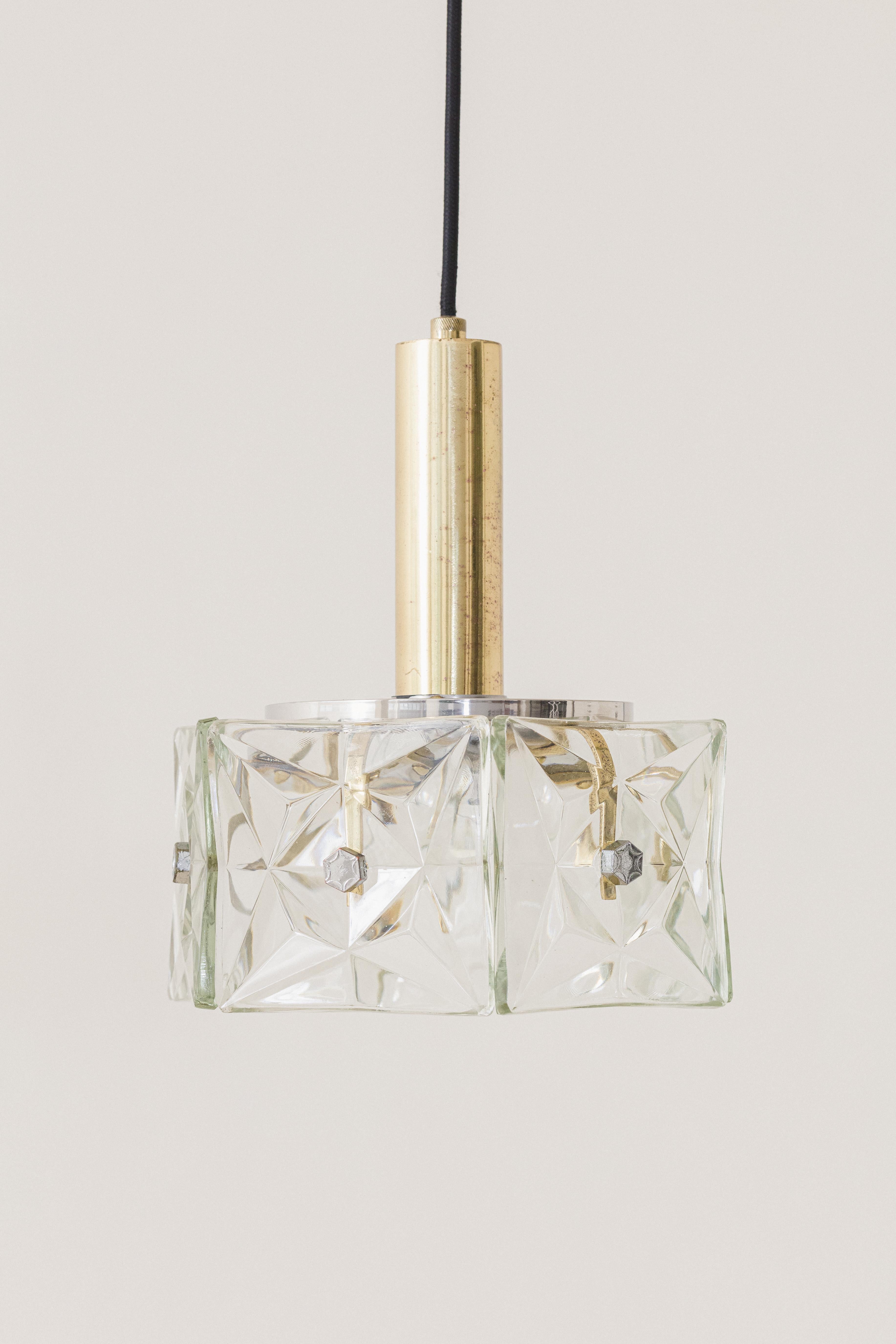 Mid-20th Century Vintage Pendant Lamp by Lustres Pelotas, Brass and Prismatic Glass, Brazil 1950s For Sale