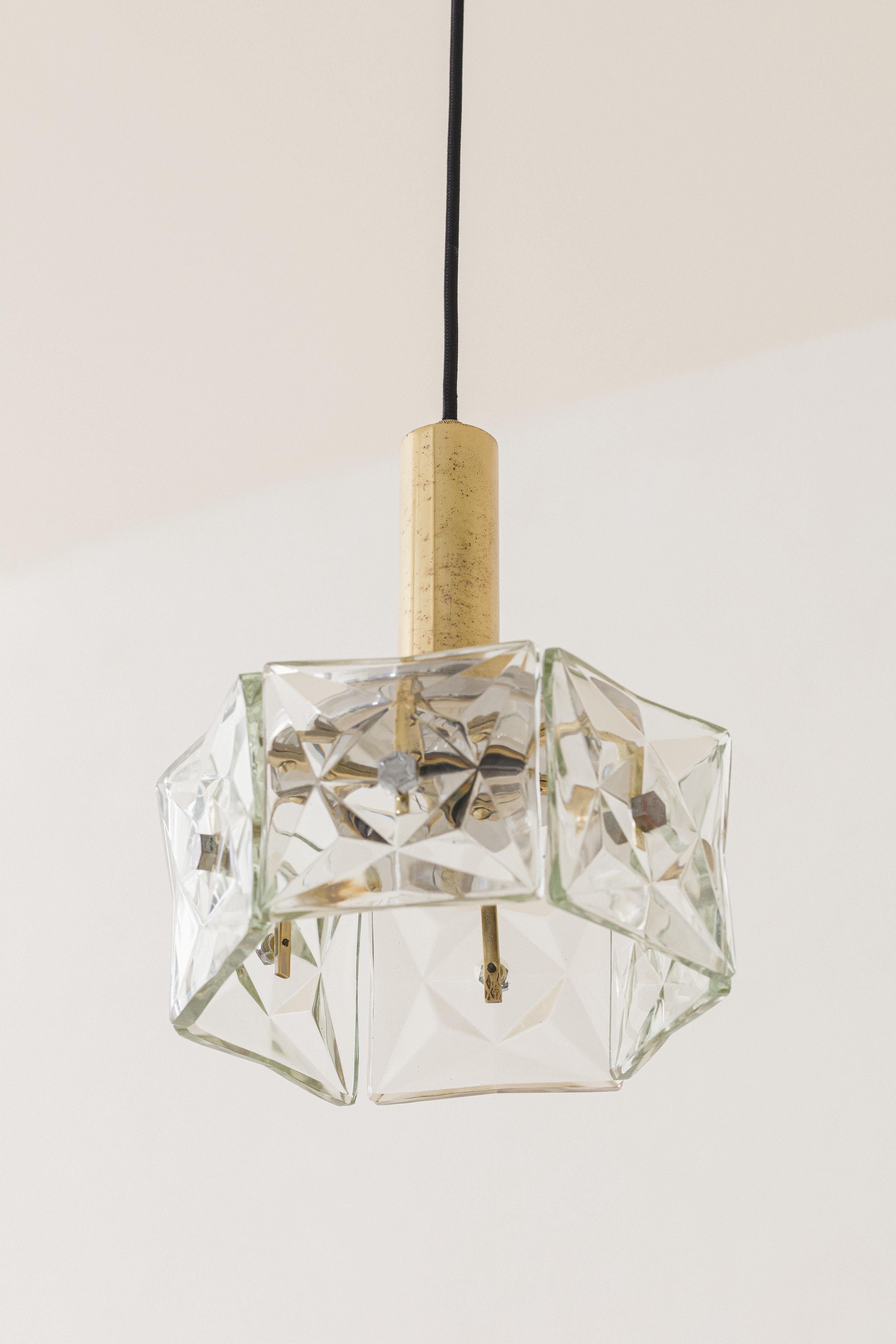 Vintage Pendant Lamp by Lustres Pelotas, Brass and Prismatic Glass, Brazil 1950s For Sale 1