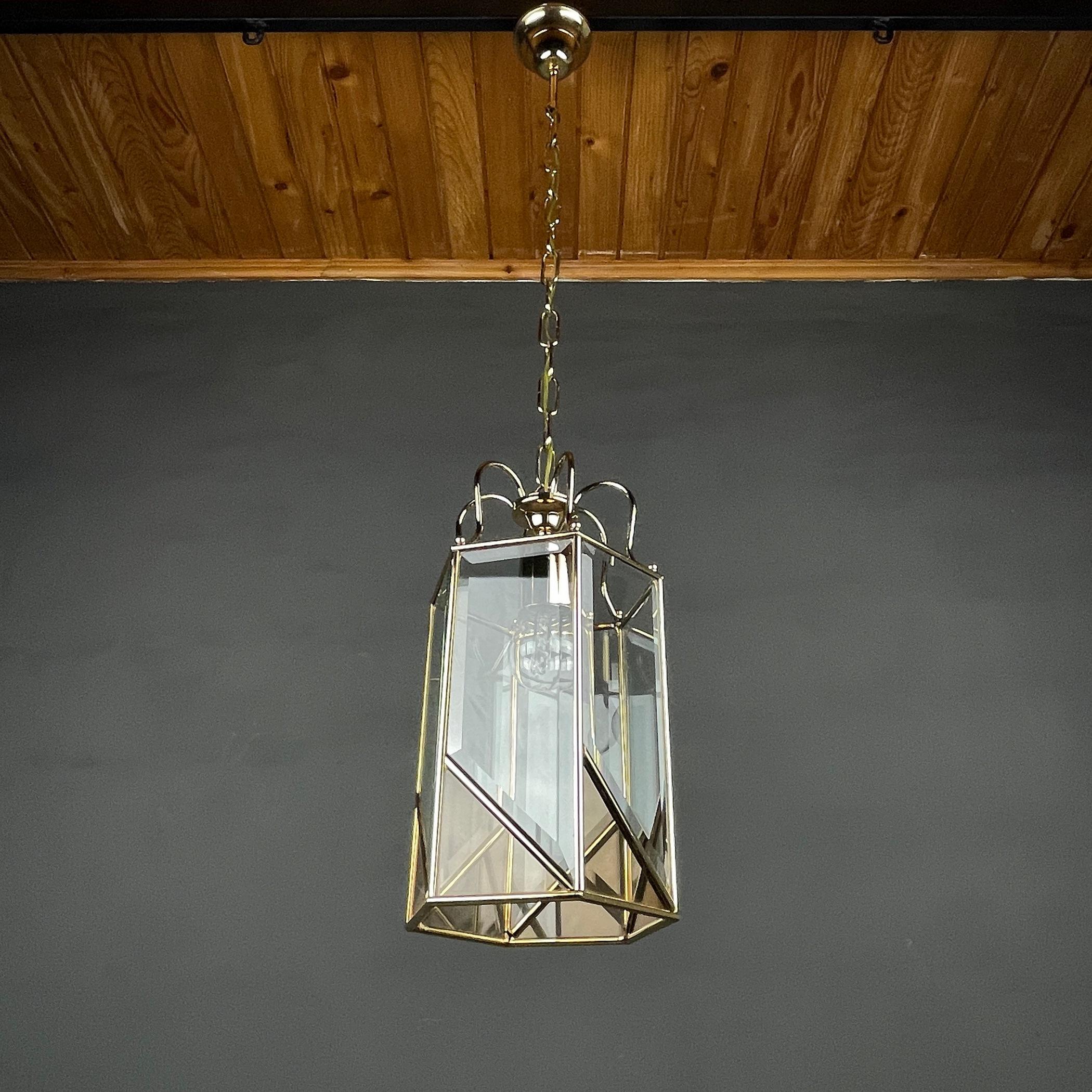 Vintage Pendant Lamp Italy '60s Brass Polished Glass For Sale 2