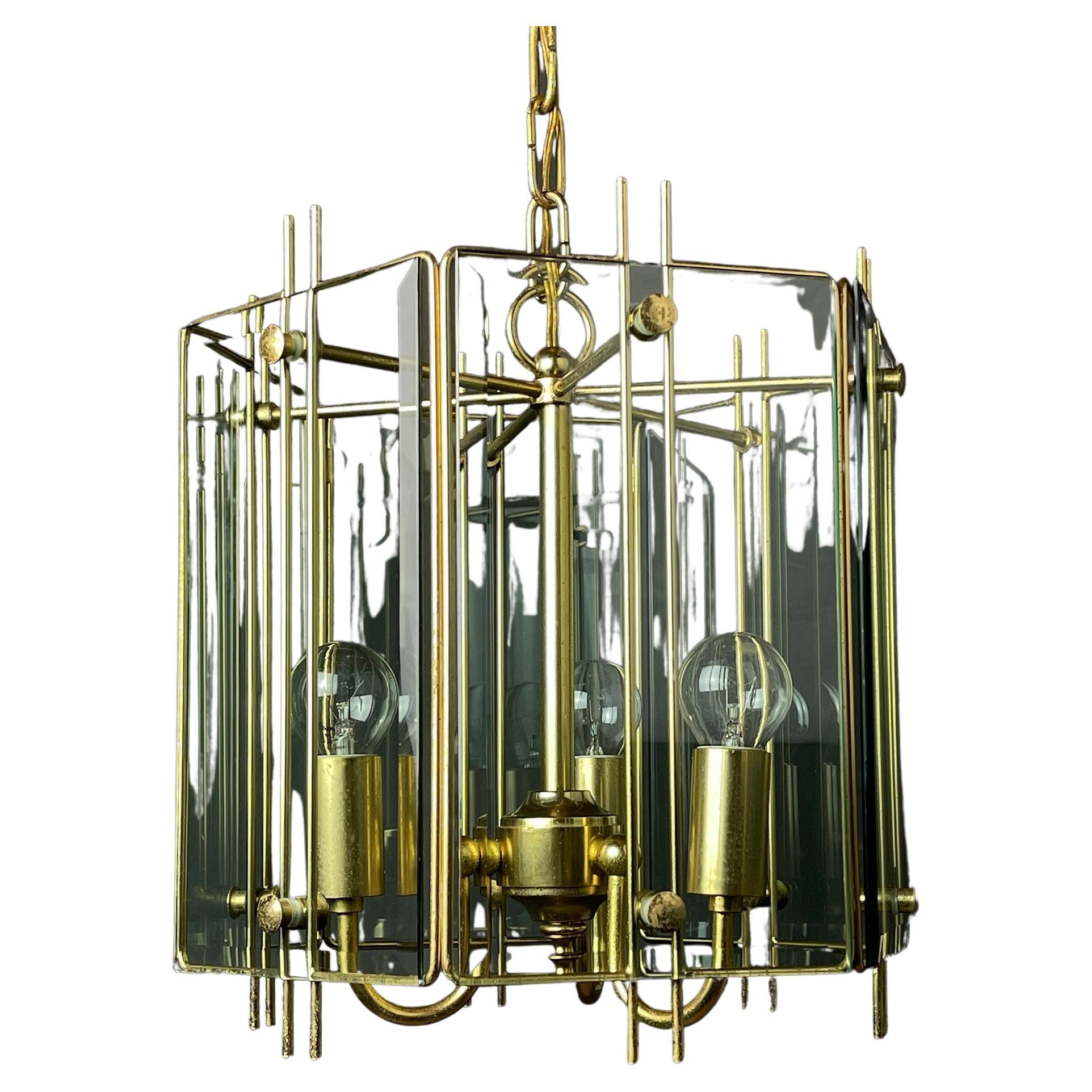 Vintage Pendant Lamp Italy '60s Brass Polished Glass For Sale at 1stDibs