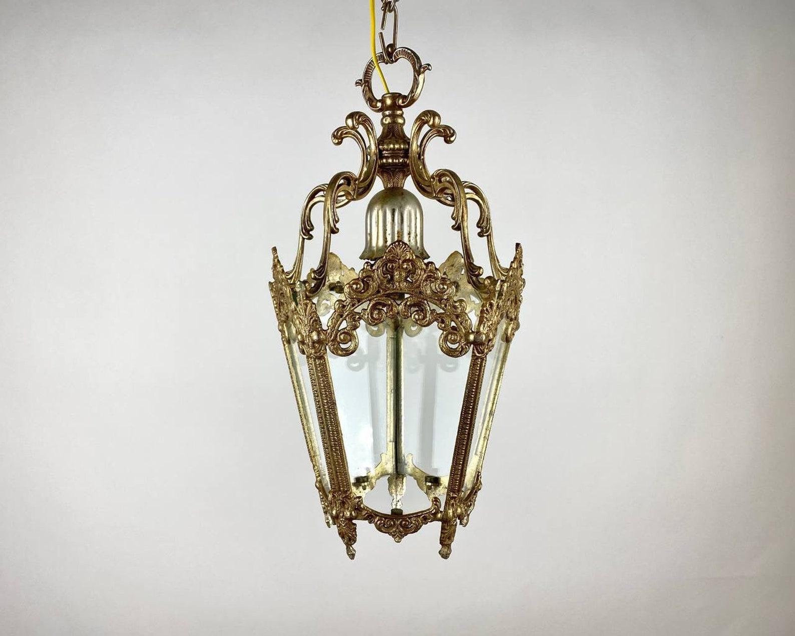 Louis XV Vintage Pendant Lantern/ Chandelier With 5 Glass Panels