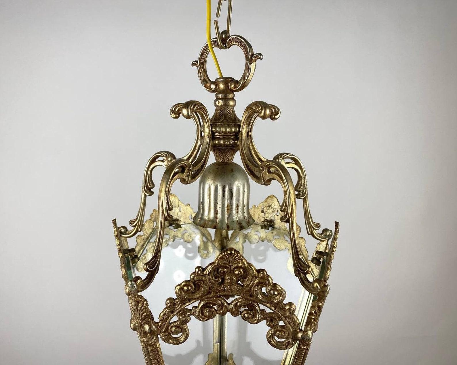 20th Century Vintage Pendant Lantern/ Chandelier With 5 Glass Panels