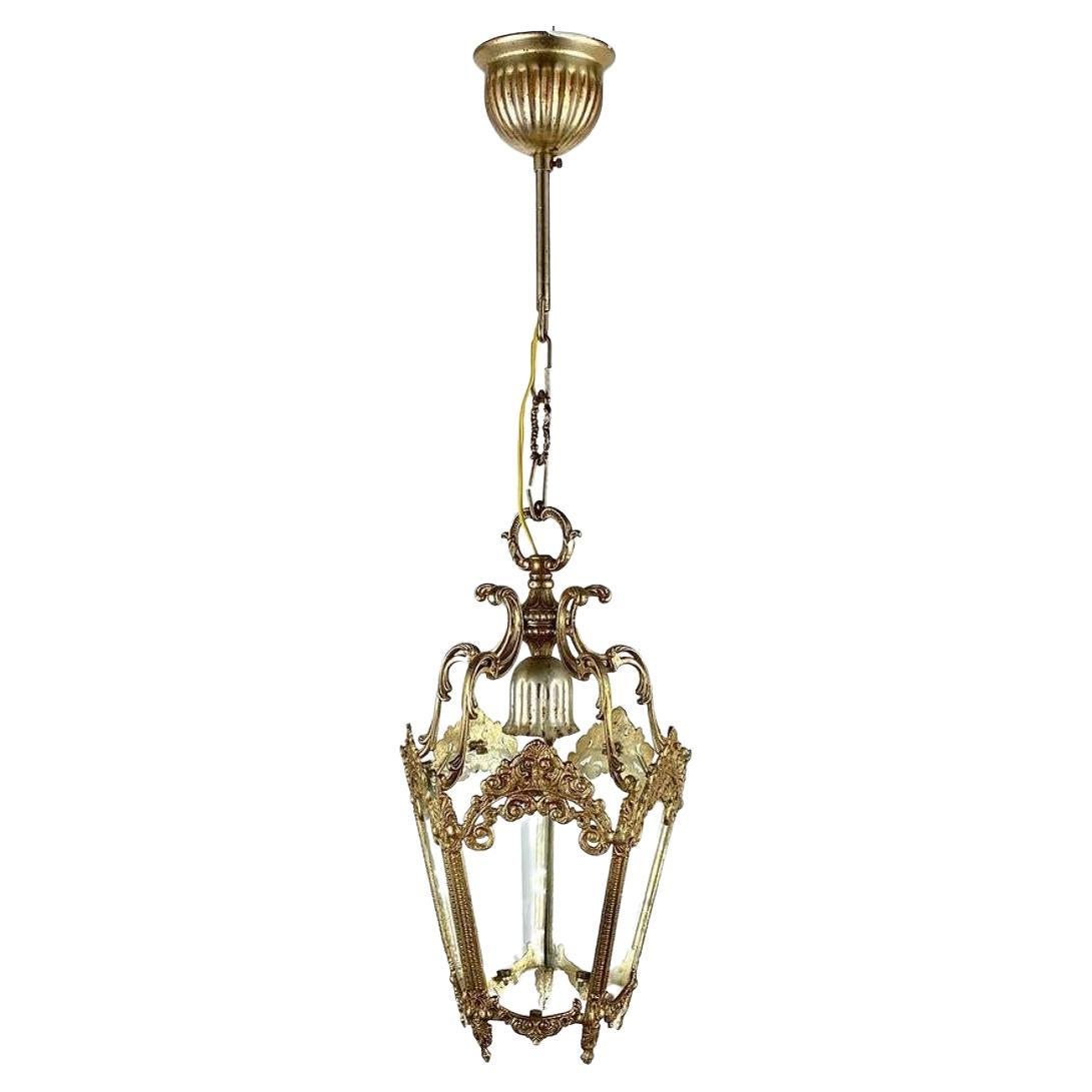 Vintage Pendant Lantern/ Chandelier With 5 Glass Panels