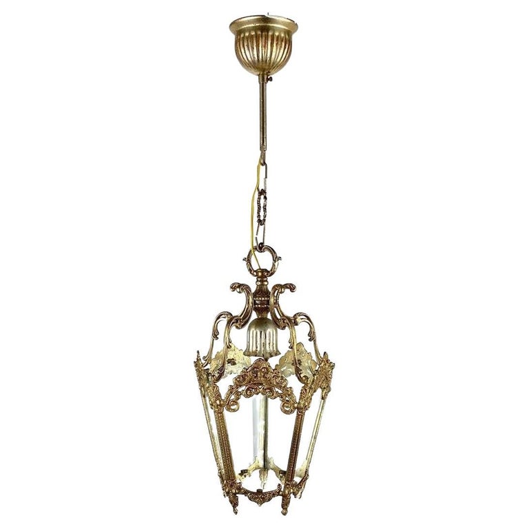 Vintage Pendant Lantern/ Chandelier With 5 Glass Panels For Sale at 1stDibs