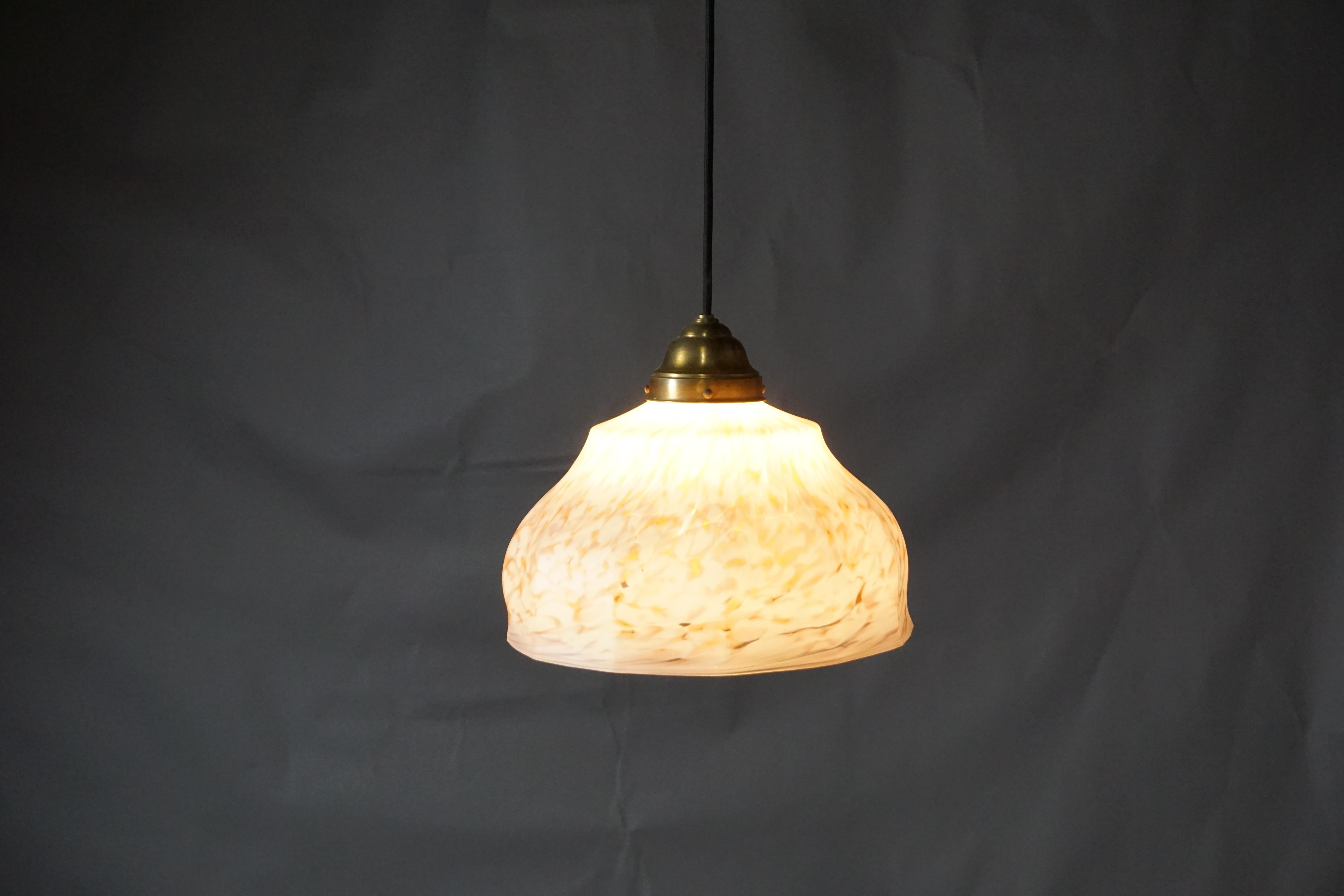 German Vintage Pendant Light with White and Antique Pink Glass Shade, circa 1950 For Sale