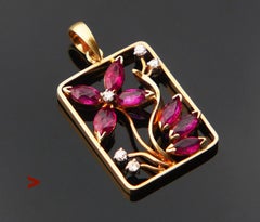 Vintage Pendant natural 1.28ctw Ruby Diamonds solid 14K Yellow Gold / 2.8gr