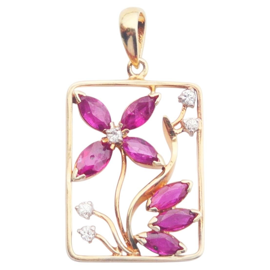 Pendentif vintage en or jaune massif 14 carats, avec rubis et diamants d'un poids total de 1,28 carats / 2,8 g