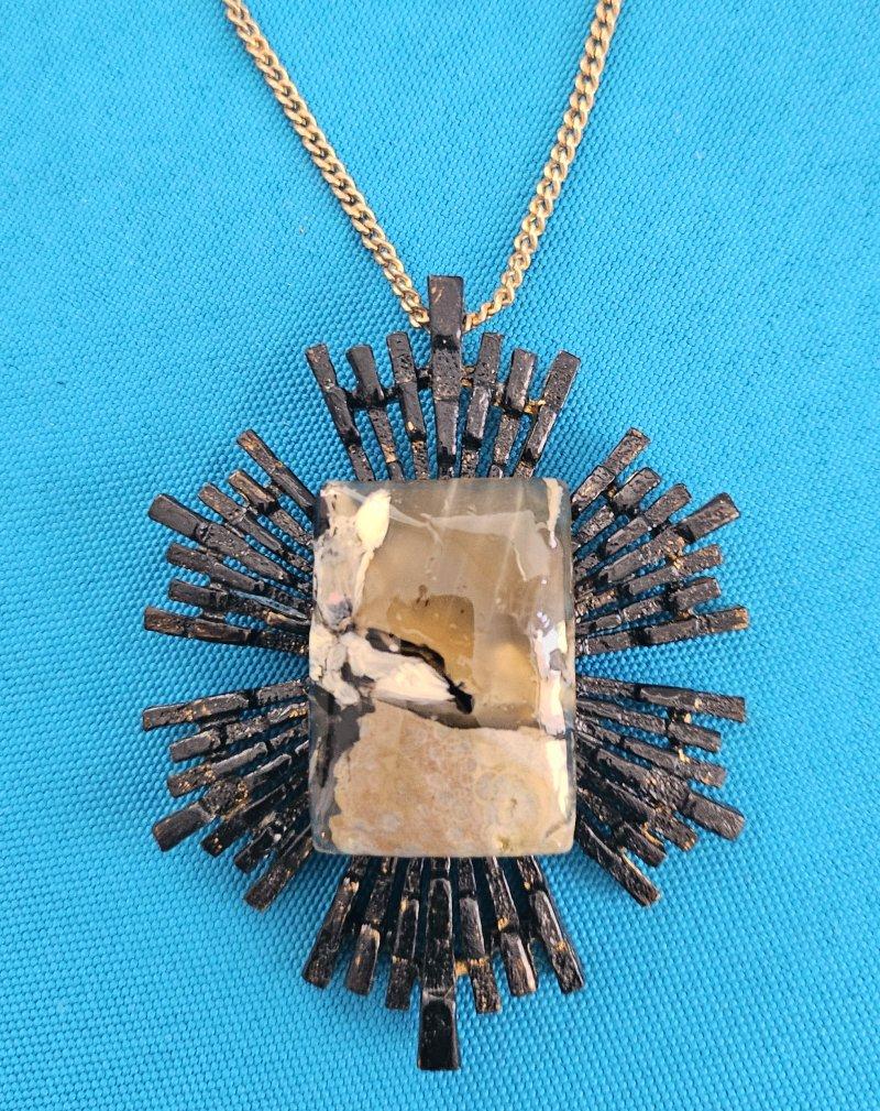 Vintage Pendant Necklace/Medallion/Statement Piece w/ Semiprecious Stone
UPDATE: Due to agreement with 1stDibs, we'll be staying through the end of the year.
This is an impressive vintage statement piece. The polished stone has a subtle bull terrier