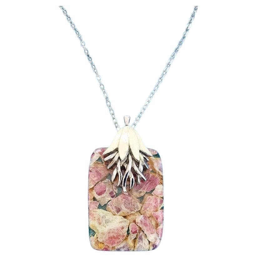Vintage Pendant Necklace with Semiprecious Stone Pink, Tan, Cream, Mauve, Clear