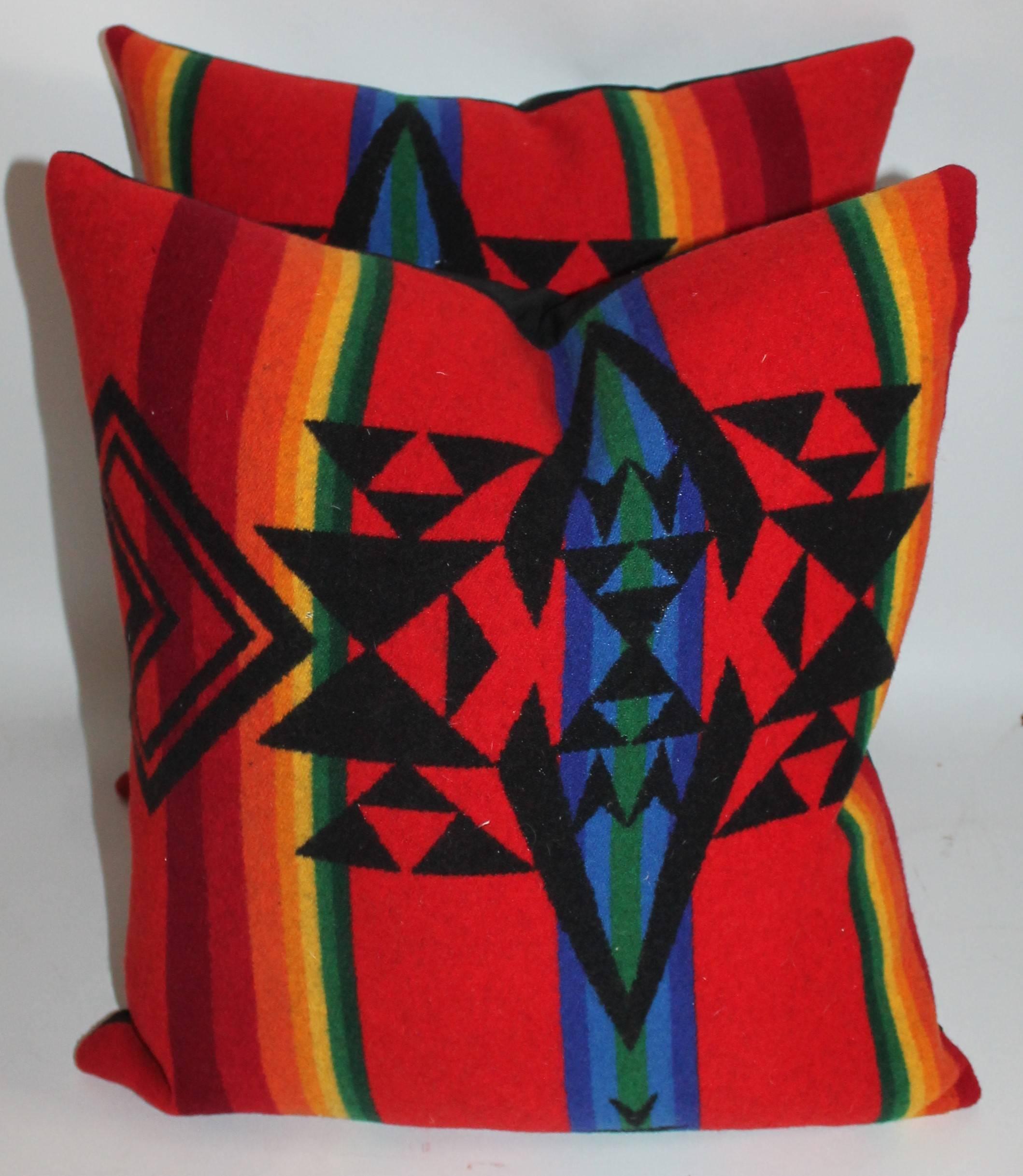 Newly made pillows from vintage Pendleton Indian design camp blanket. Black linen backing.