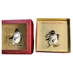 Vintage Penguin Enamel Crystal Gilt Brooch Pin and Treasure Box